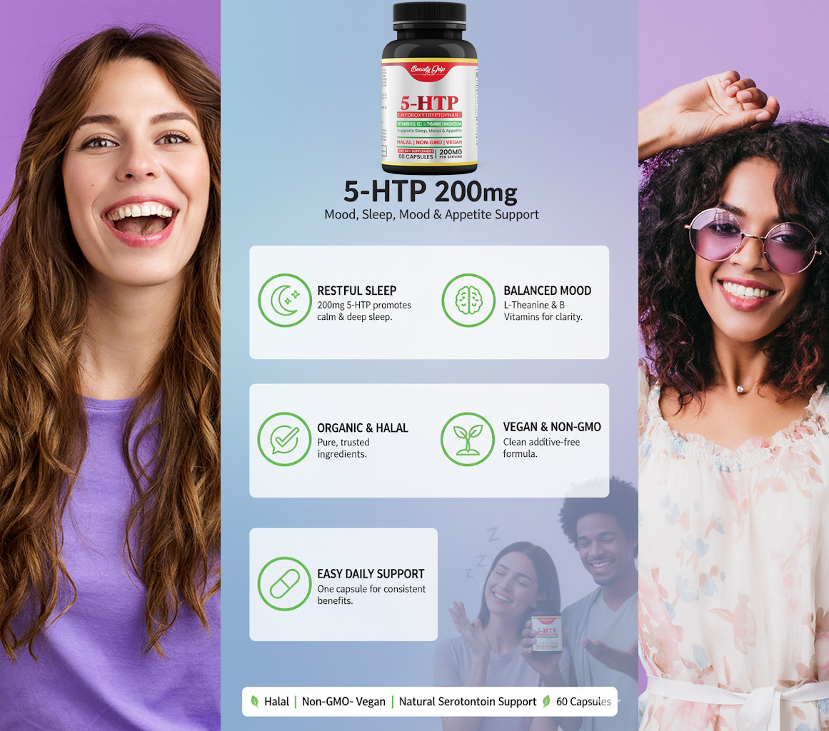 5-HTP 200mg with L-Theanine, Vitamin B6, B12 & Magnesium – Vegan, Halal, Non GMO