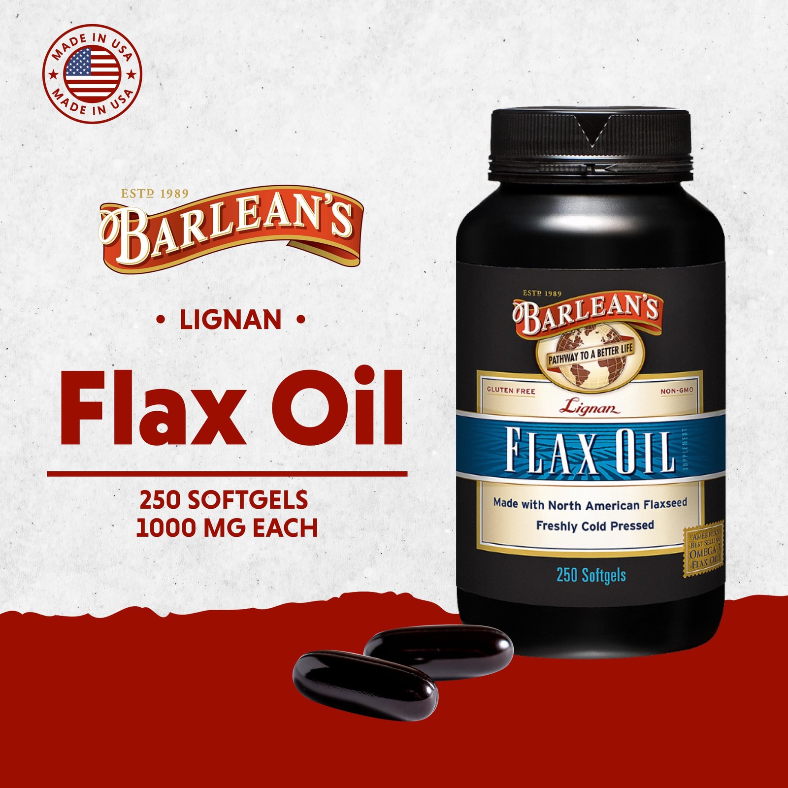 Barlean’s Lignan Flaxseed Oil Softgels, Cold-Pressed 250 Count (Pack of 1), –