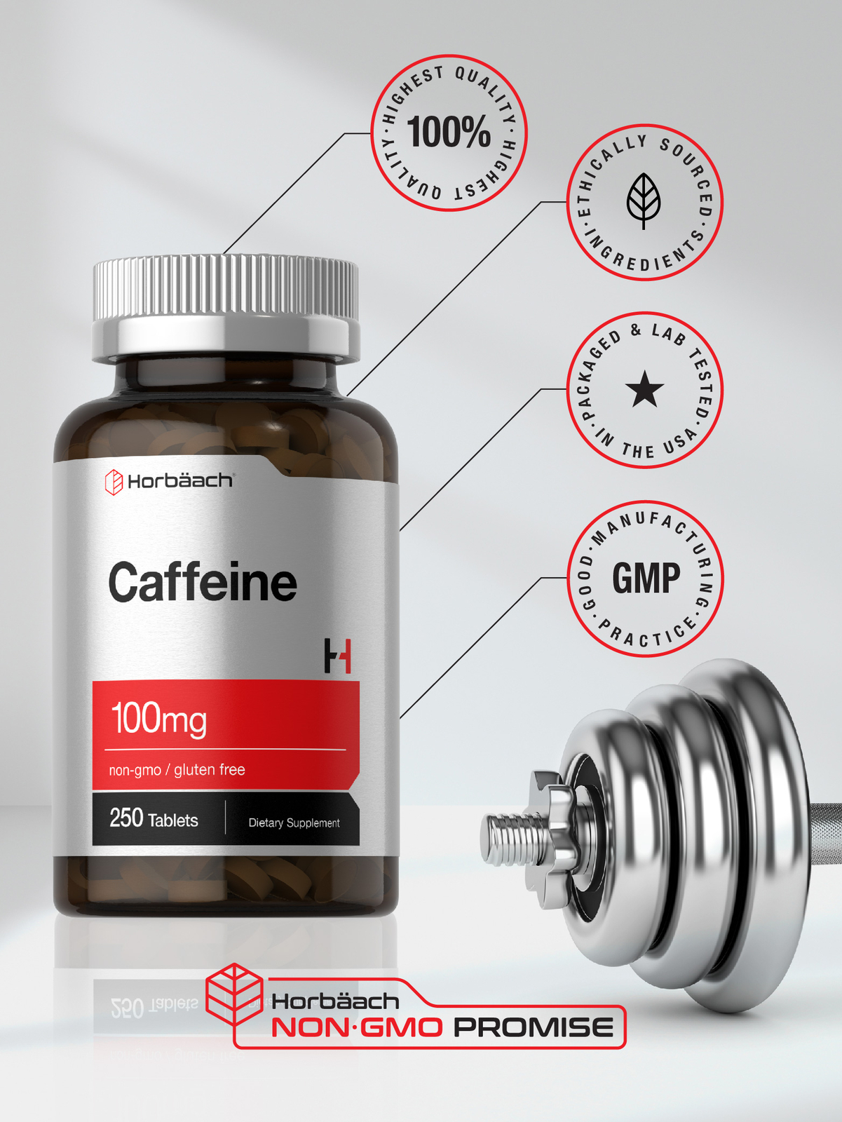 Caffeine Pills 100mg | 250 Tablets | Vegetarian | Non-GMO | by Horbaach