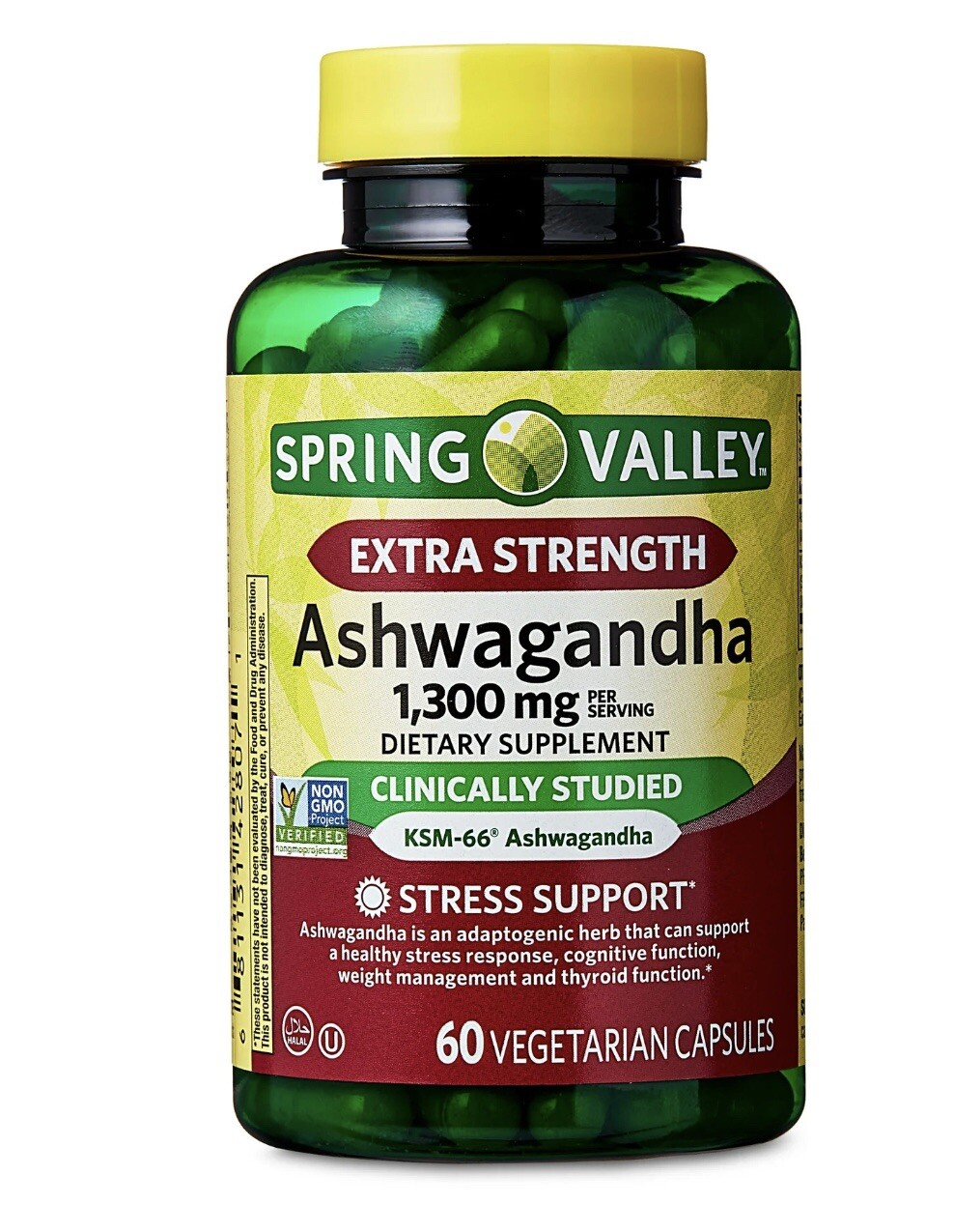 Spring Valley Extra Strength Ashwagandha Dietary Supplement, 1300 mg, 60 Vegetar