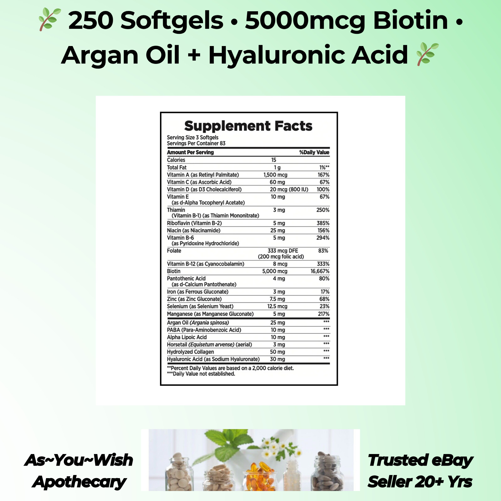 250 Ct. Nature’s Bounty Hair Skin Nails 5000mcg Exp9/26 Biotin Argan Hyaluronic