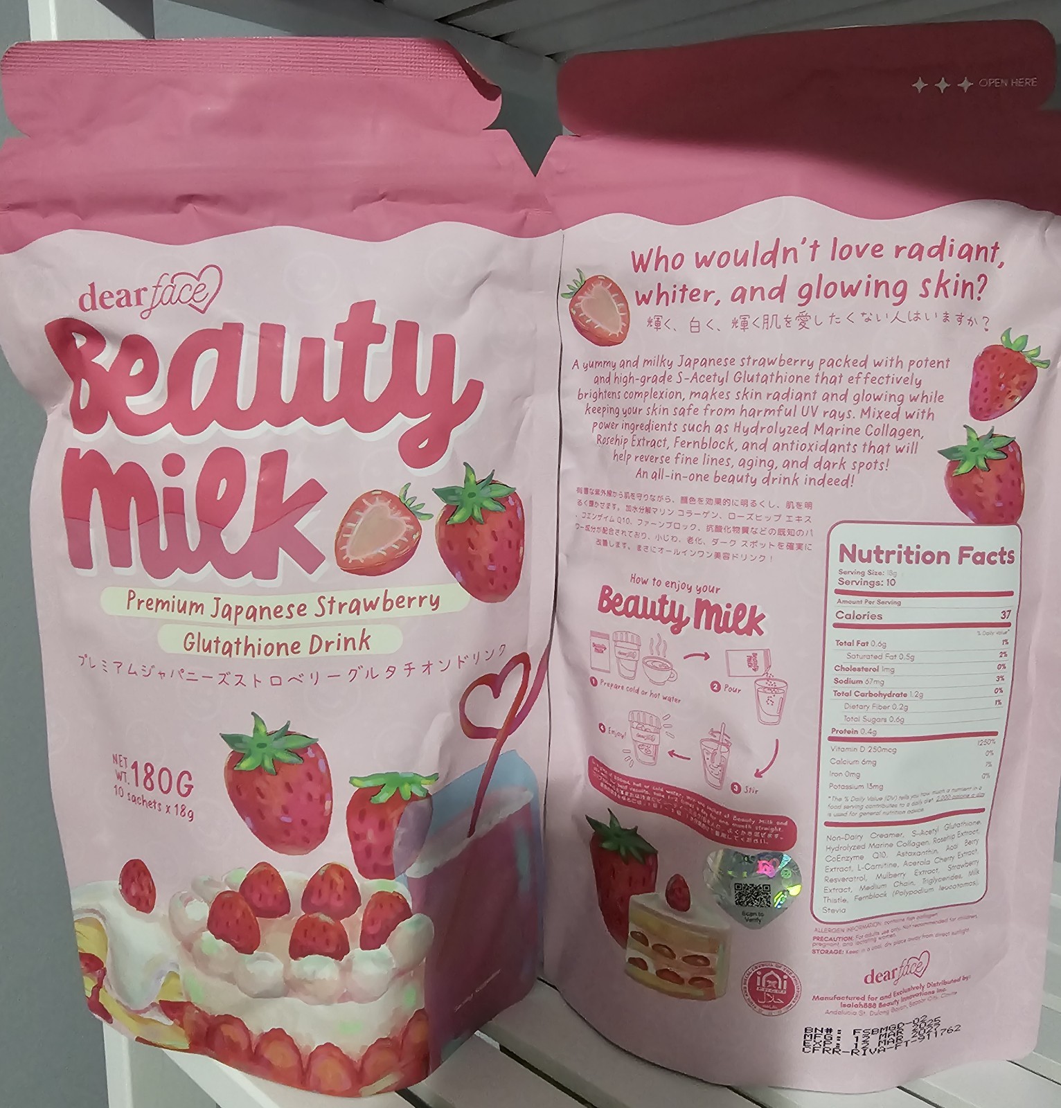 New Authentic DearFace Beauty Milk Premium Japanese Strawberry Glutathione Drink