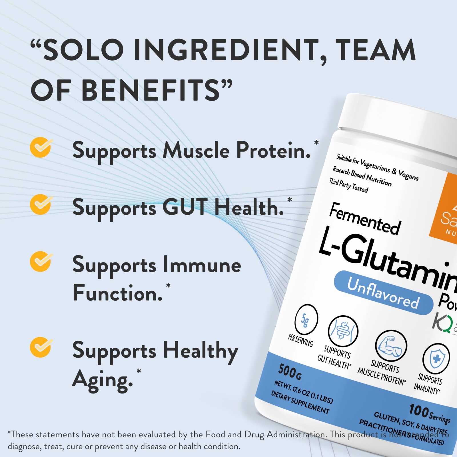 Sandhus Pure L-Glutamine Powder Made in USA, 500G- 100 Servings Non GMO