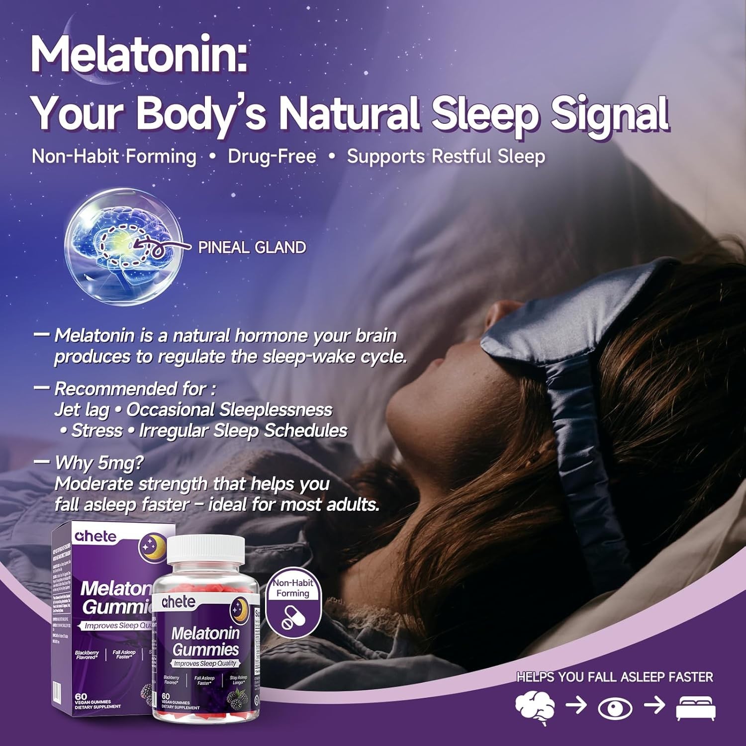 Melatonin 5mg Gummies Adults Sugar Free Raspberry Sleep Aid 120 Gummies USA GMP