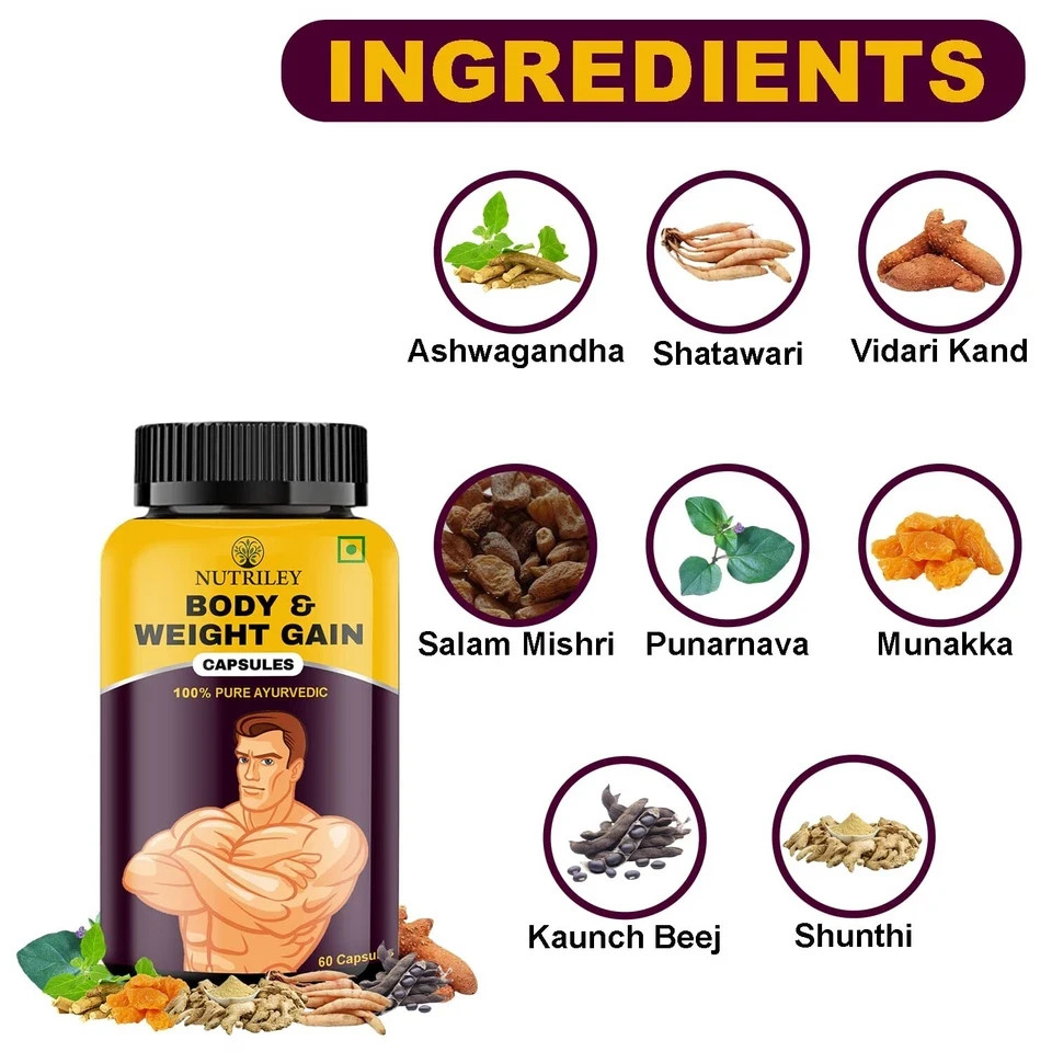 Nutriley Body And Weight Gain Capsules For Unisex Set of 60 Capsule, Pack of 1.
