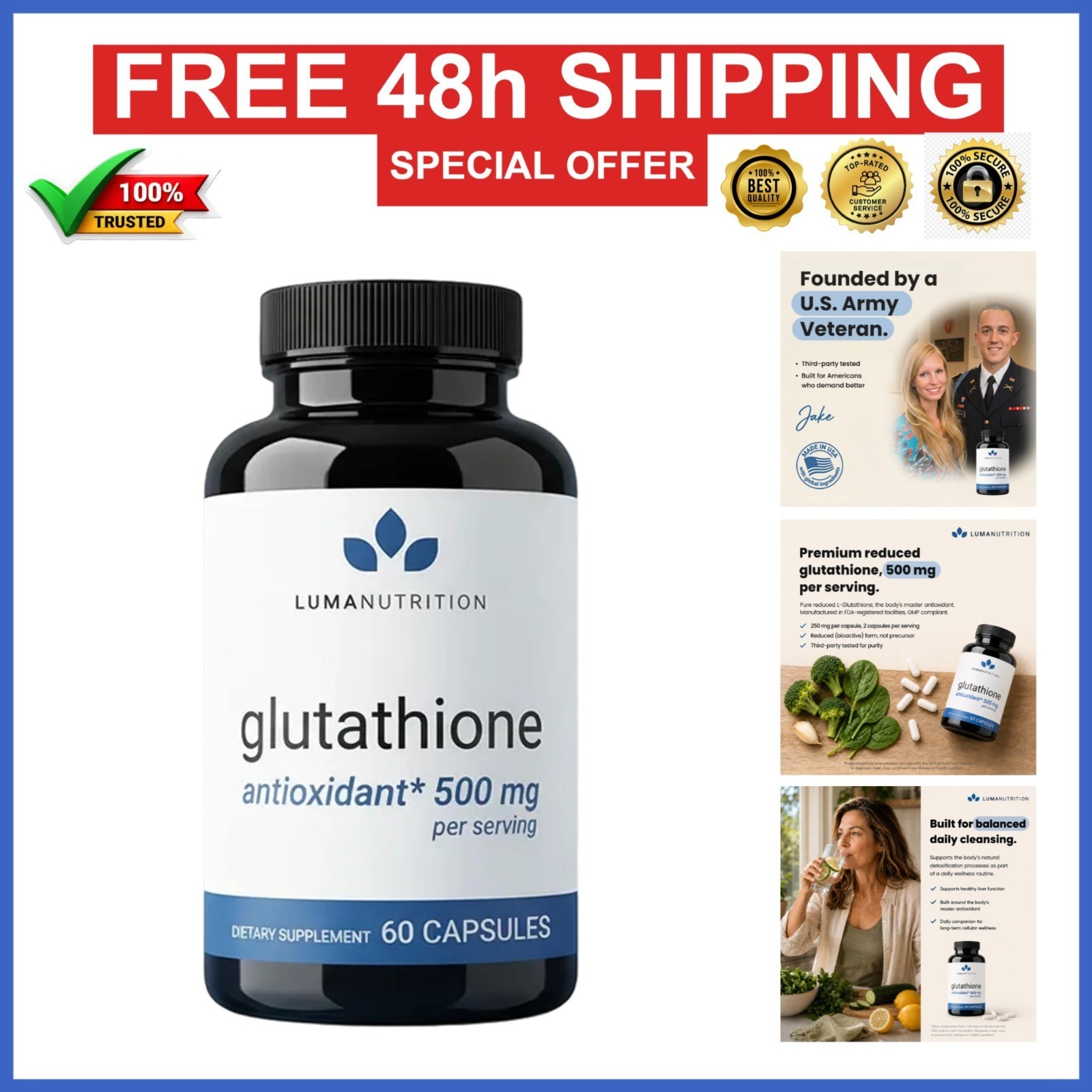 Luma Nutrition Glutathione Supplement 500mg – Antioxidant Support – 60 Capsules