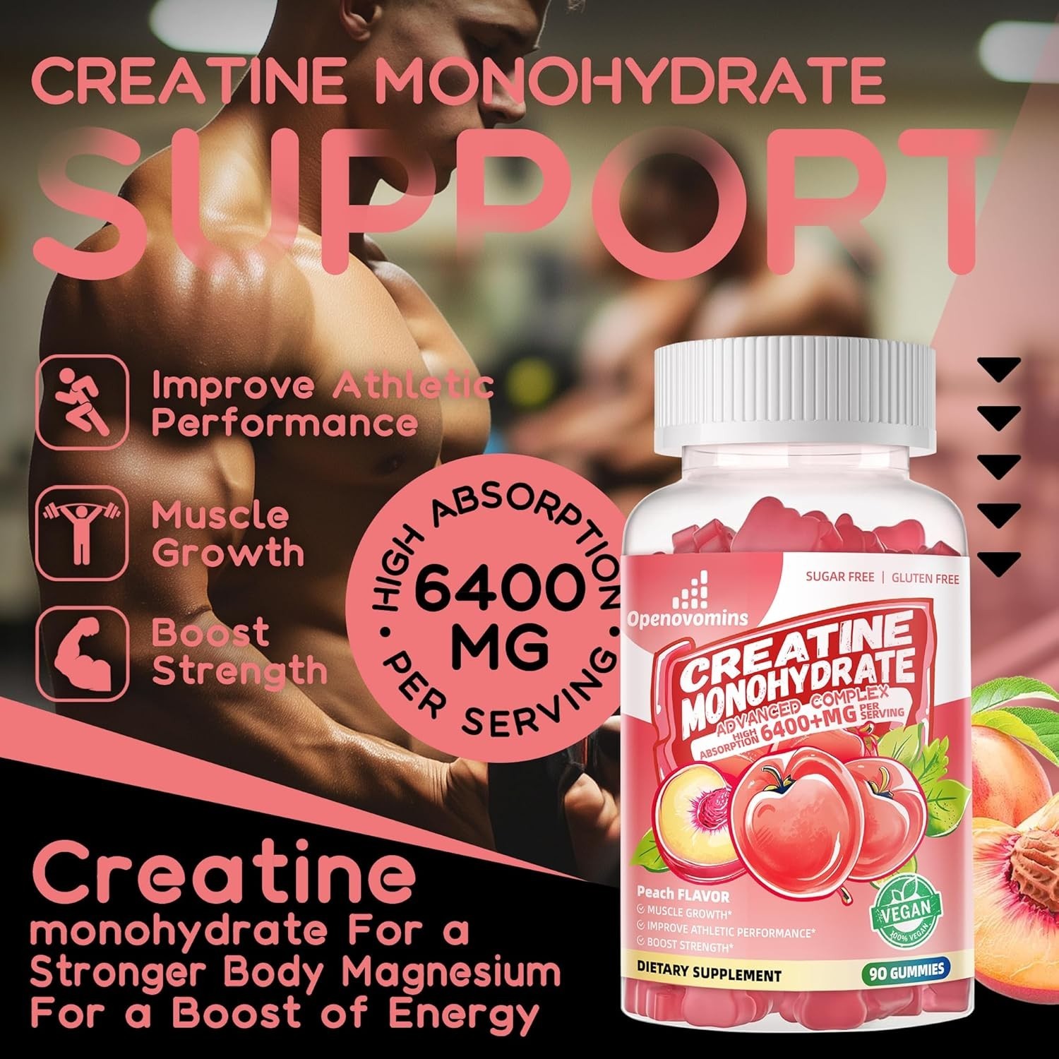 Openovomins Creatine Monohydrate Complex Gummies, Peach, 6400mg 90CT 10/27