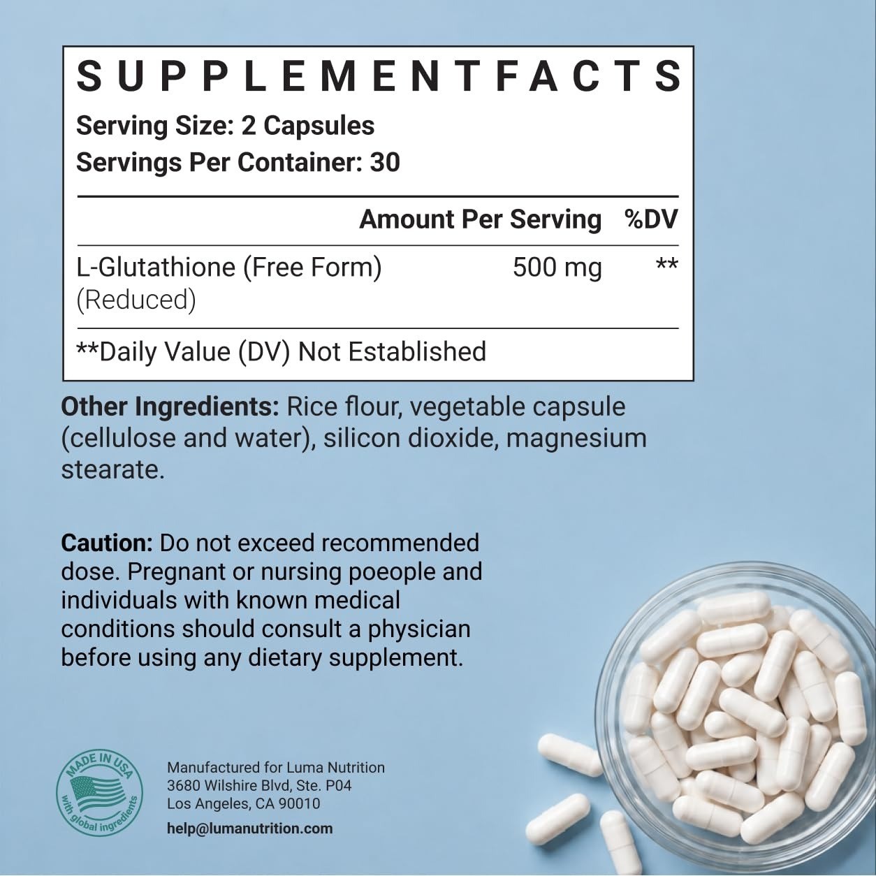 Luma Nutrition Glutathione Supplement 500mg – Antioxidant Support – 60 Capsules