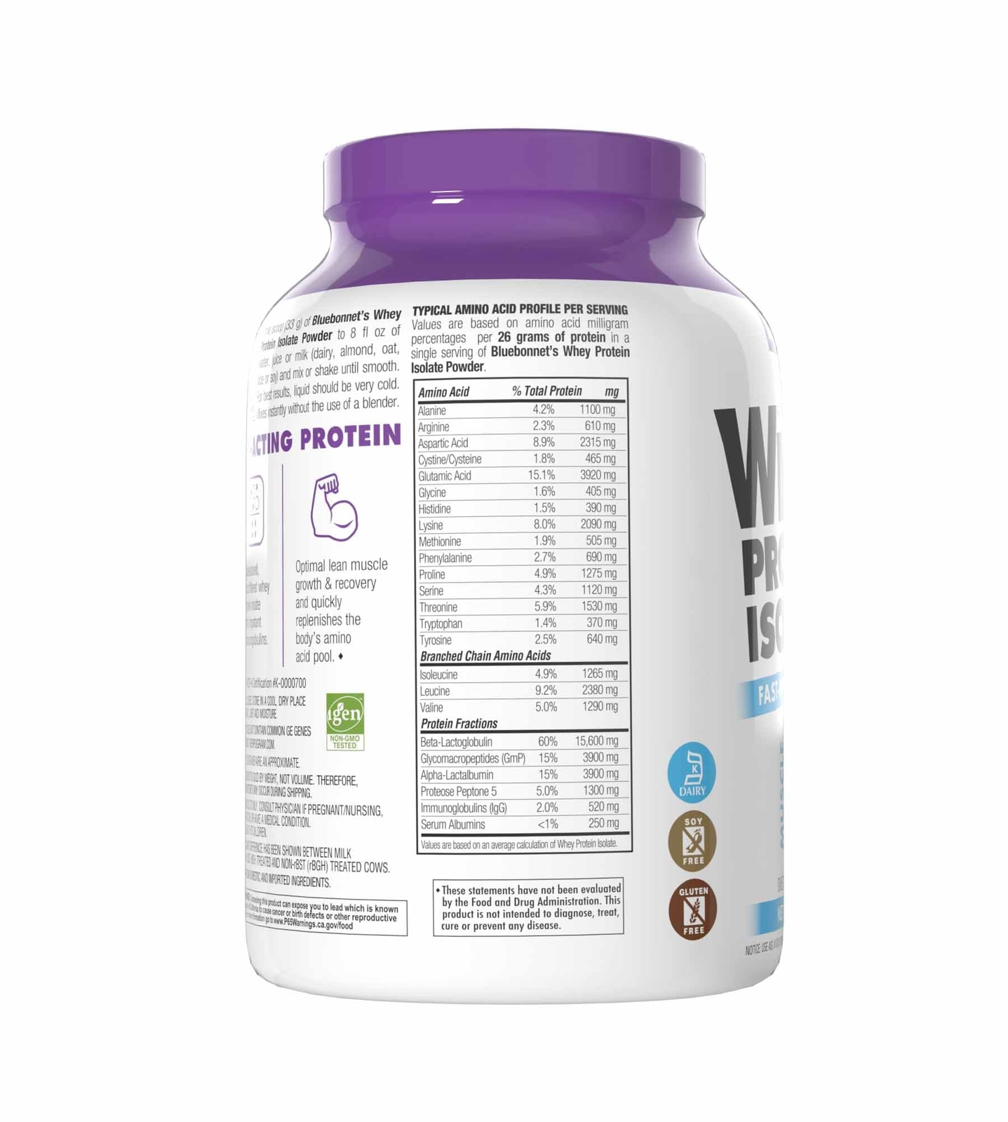 Bluebonnet 100 Natural Whey Protein Isolate 2 lb Grass Fed No Sugar Added