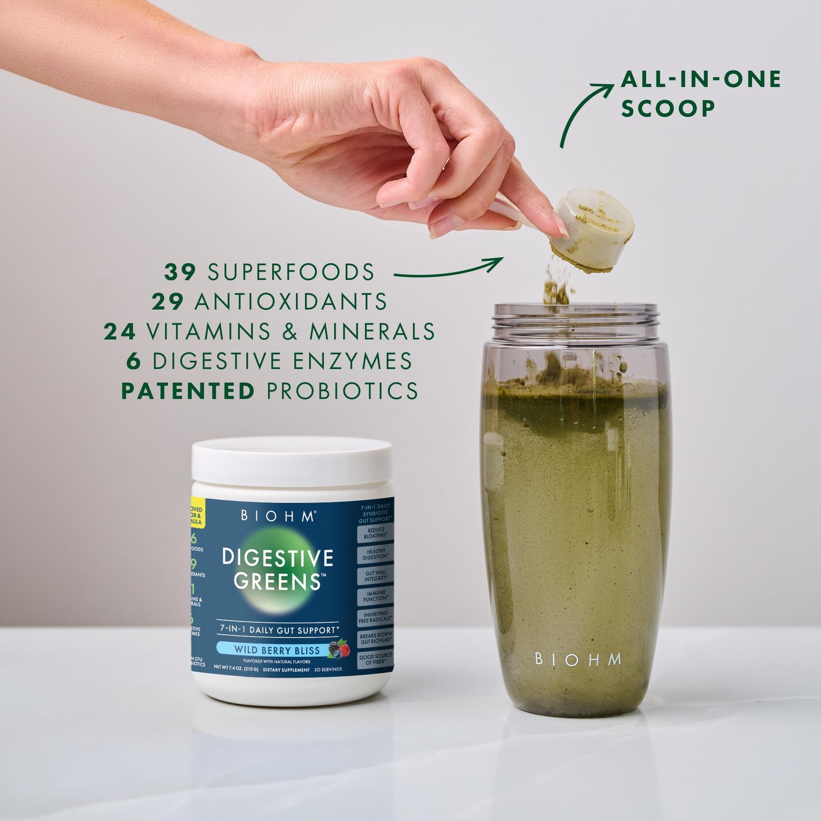 BIOHM Digestive Greens, Green Superfood Powder (7.4 Oz, 7.4 Ounce (Pack of 1)