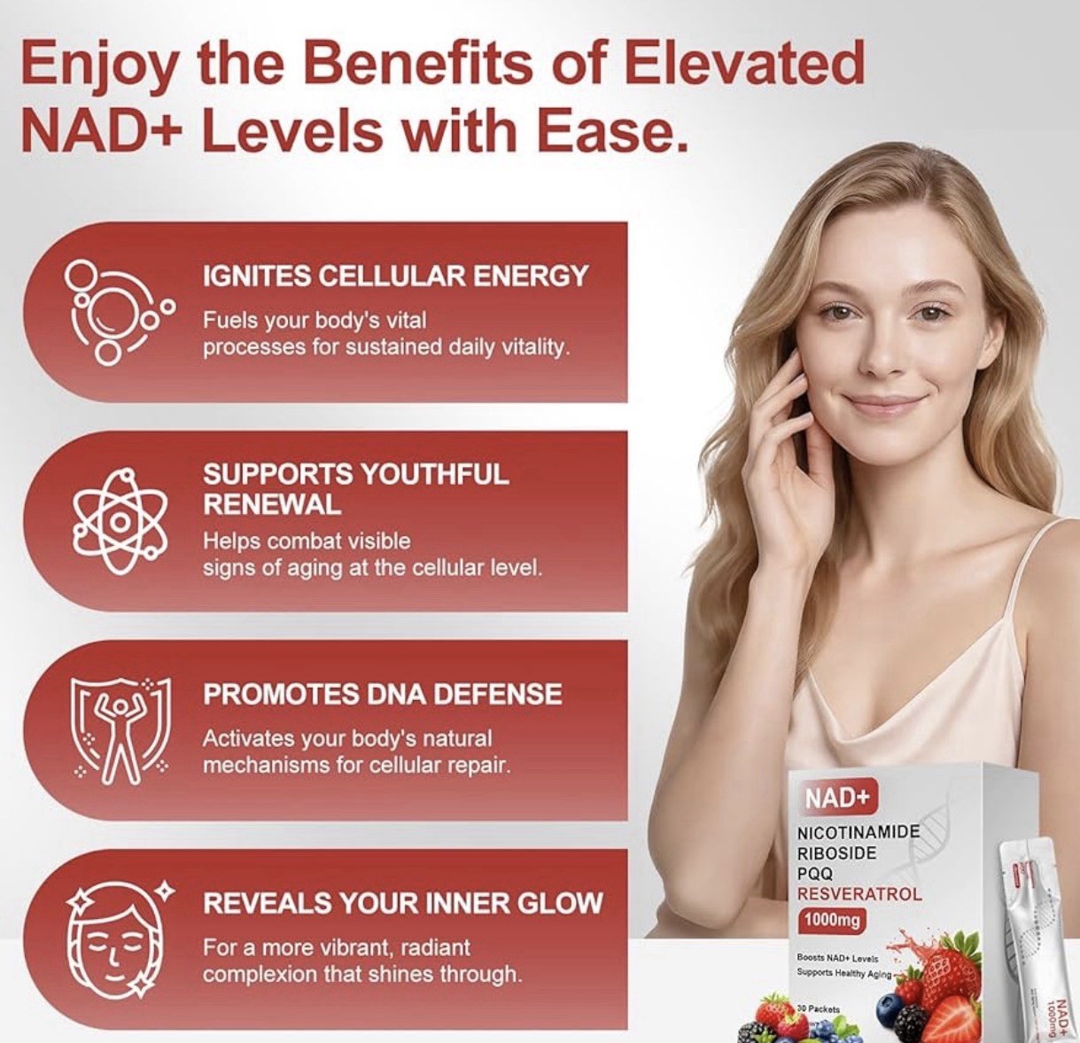NAD+ Supplement 1000mg Nicotinamide Riboside PQQ Resveratrol Powder 30ct