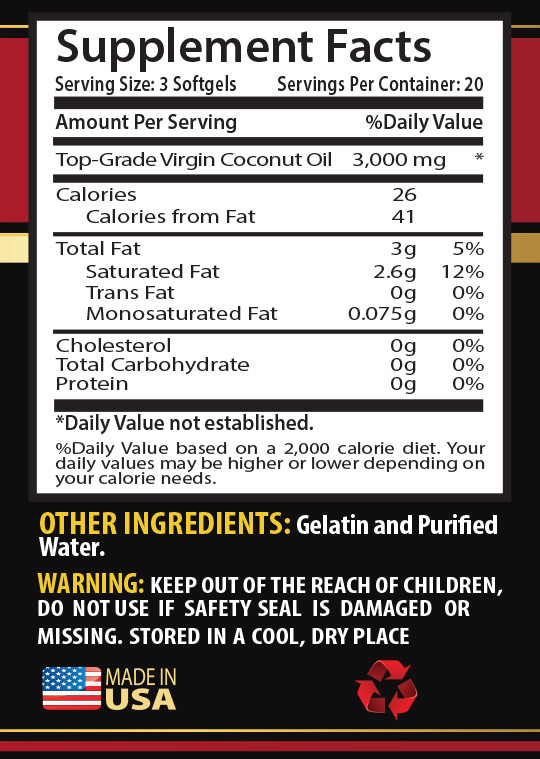 EXTRA VIRGIN COCONUT OIL 3000 MG – Stress relief pills (1 Bottle 60 Softgels)