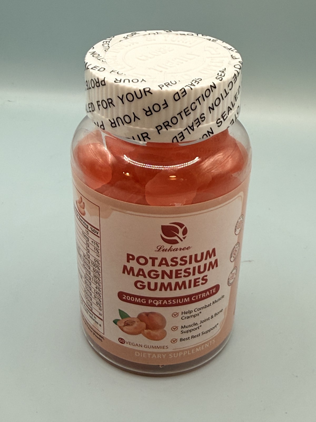Lukaree Potassium Magnesium Gummies 60 Count Vegan Peach Muscle Bone Rest Suppor