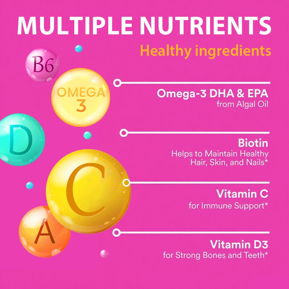 Teen Girls Multivitamin Gummies – Supports Immunity, Eye Health & Beauty 60pcs