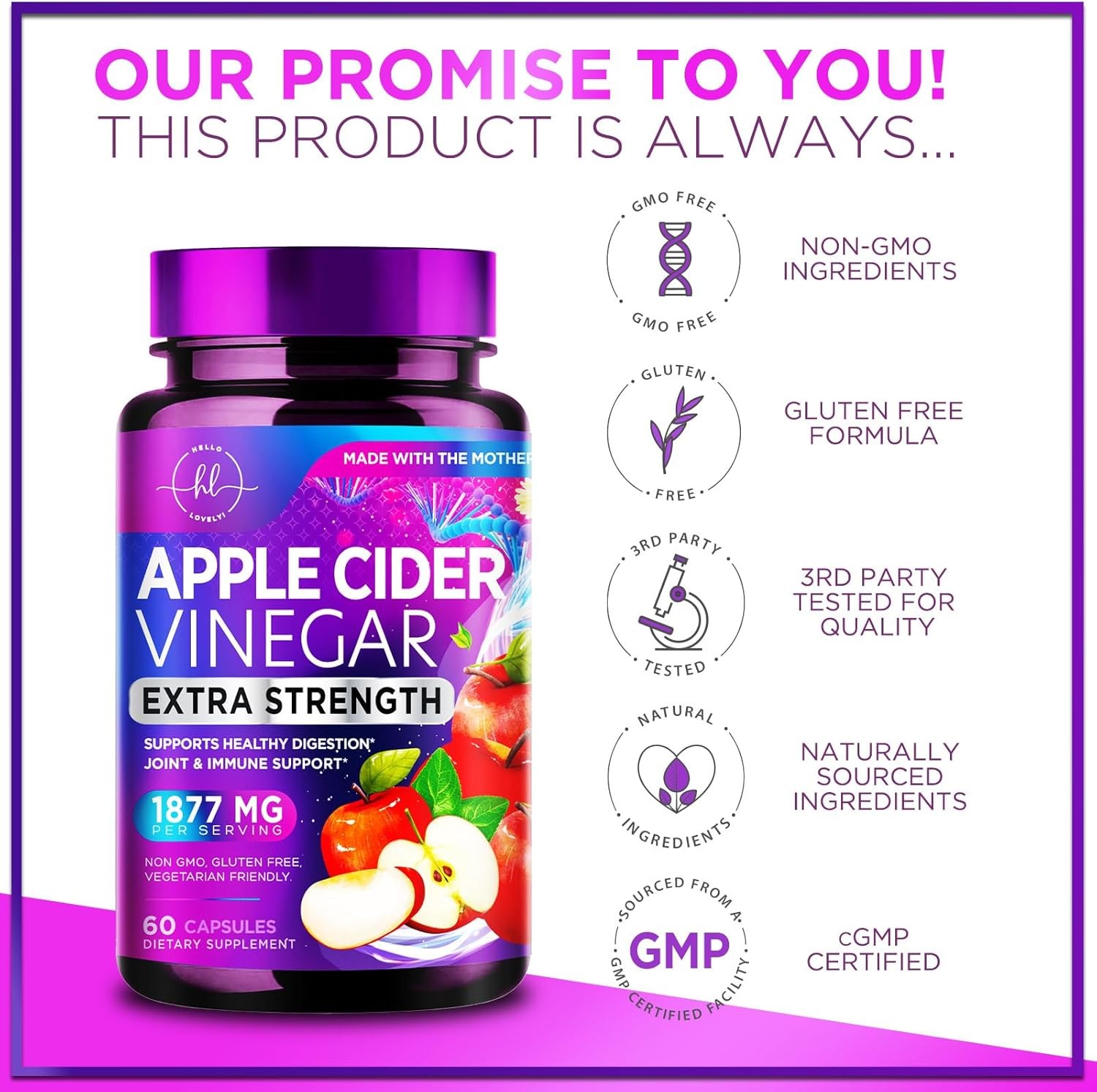 Apple Cider Vinegar 1877 mg Extra Strength ACV Pills with Vitamin D3 60 Capsules