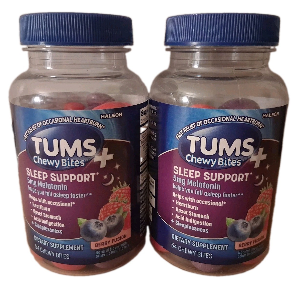 Two Tums+ Chewable Dietary Supplement Tablet Chews With Melatonin 54 ct Bottles