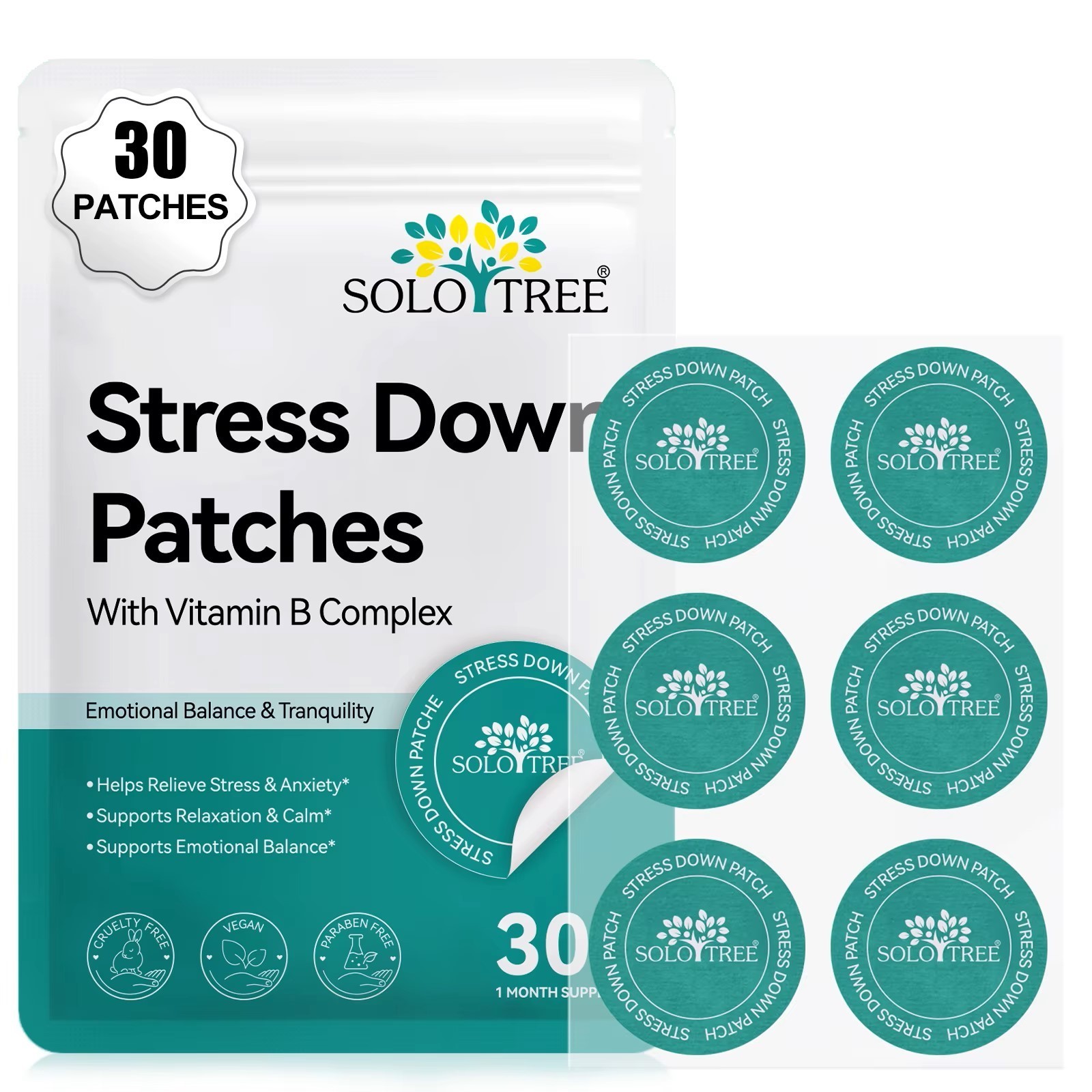 SOLOTREE Stress Down Patches | Curcumin + Black Cohosh Calm Support | 30 Count