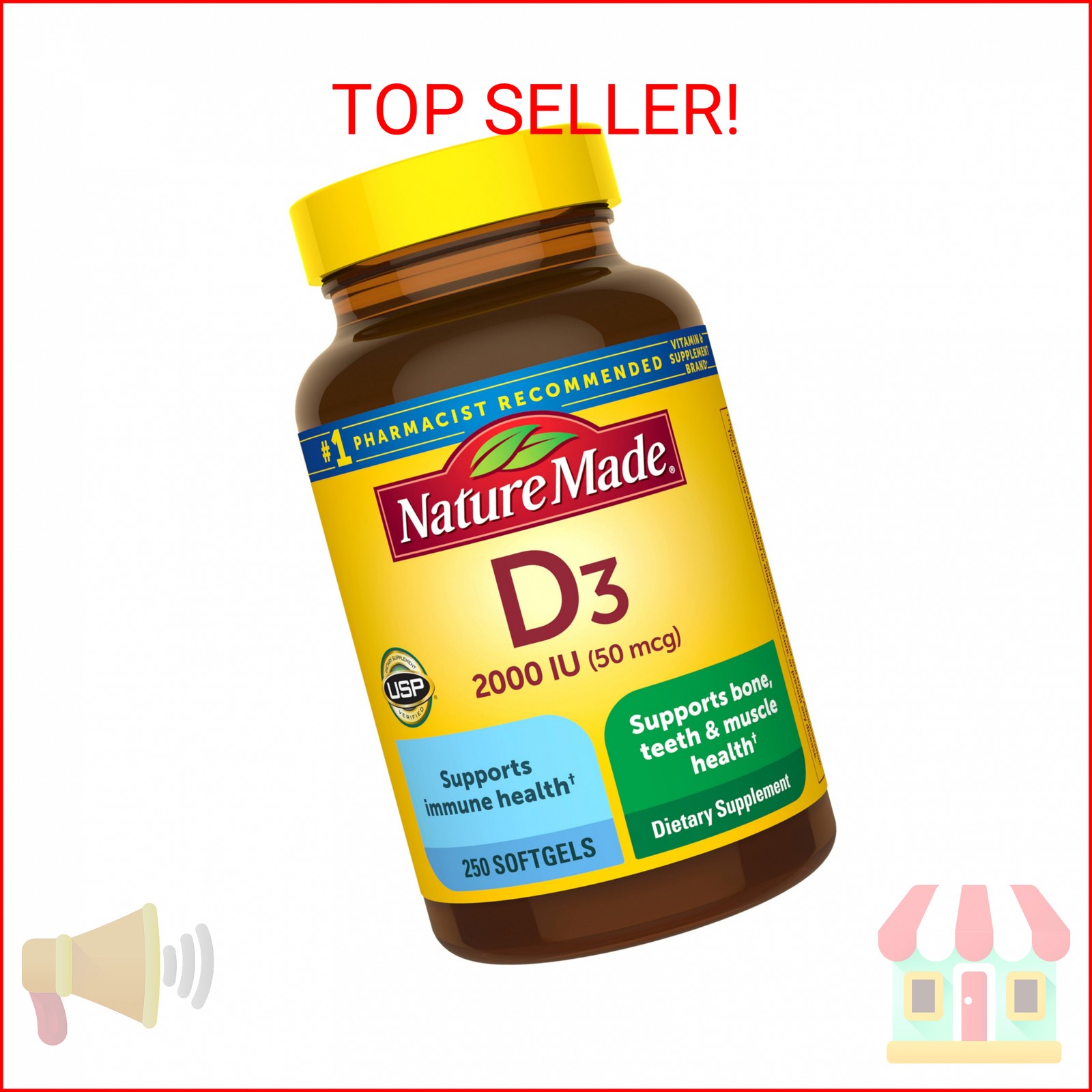 Nature Made Vitamin D3 2000 IU (50 mcg), Vitamin D Supplement for Bone, Teeth, M