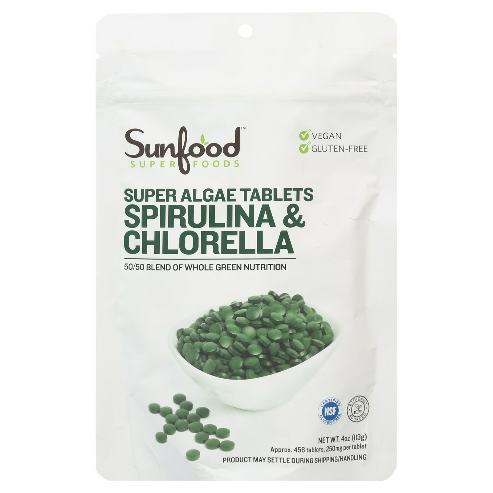 Sunfood Super Algae Tablets Spirulina Chlorella 50/50 Blend 4oz 456ct Vegan