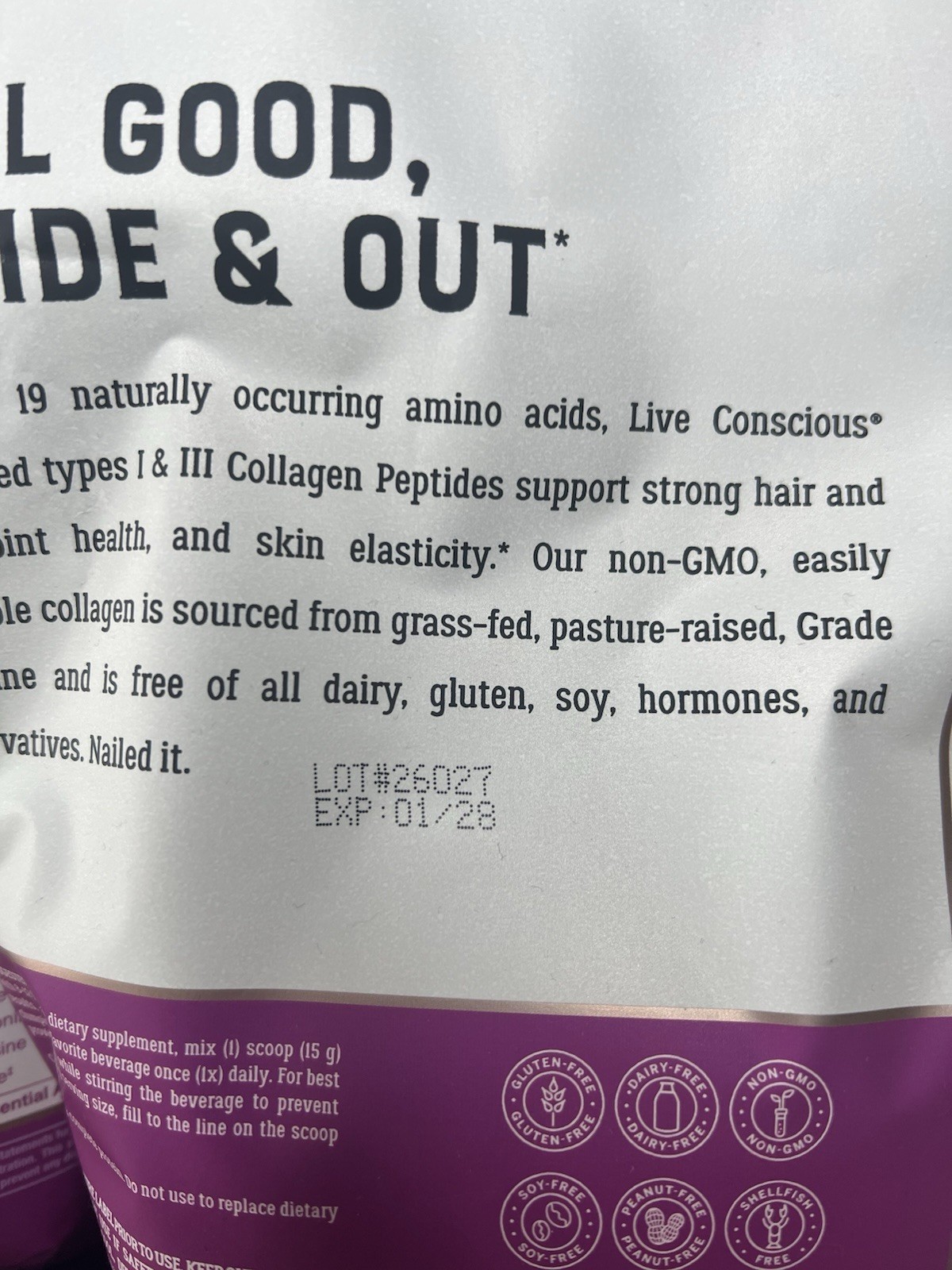 Live Conscious Collagen Peptides Powder Unflavored Two Pack! 16 oz Exp 01/28