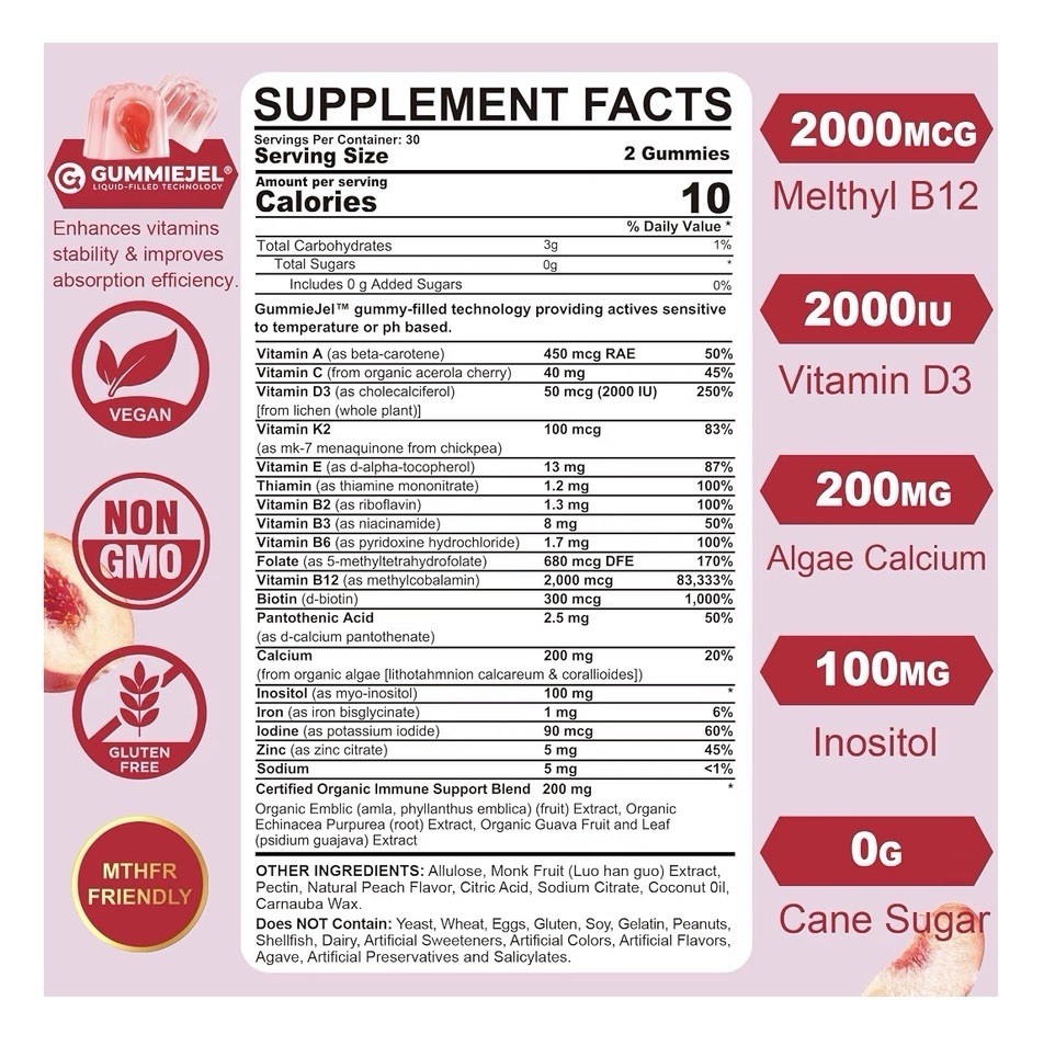 Nextdia Women’s Multivitamin Iron Calcium Inositol D3 B12 Immune Blend 60gummies