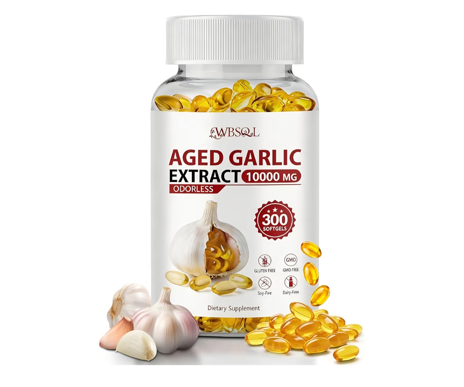 WBS&L Aged Garlic Extract Odorless 500mg Softgels 300 Ct Gluten-Free