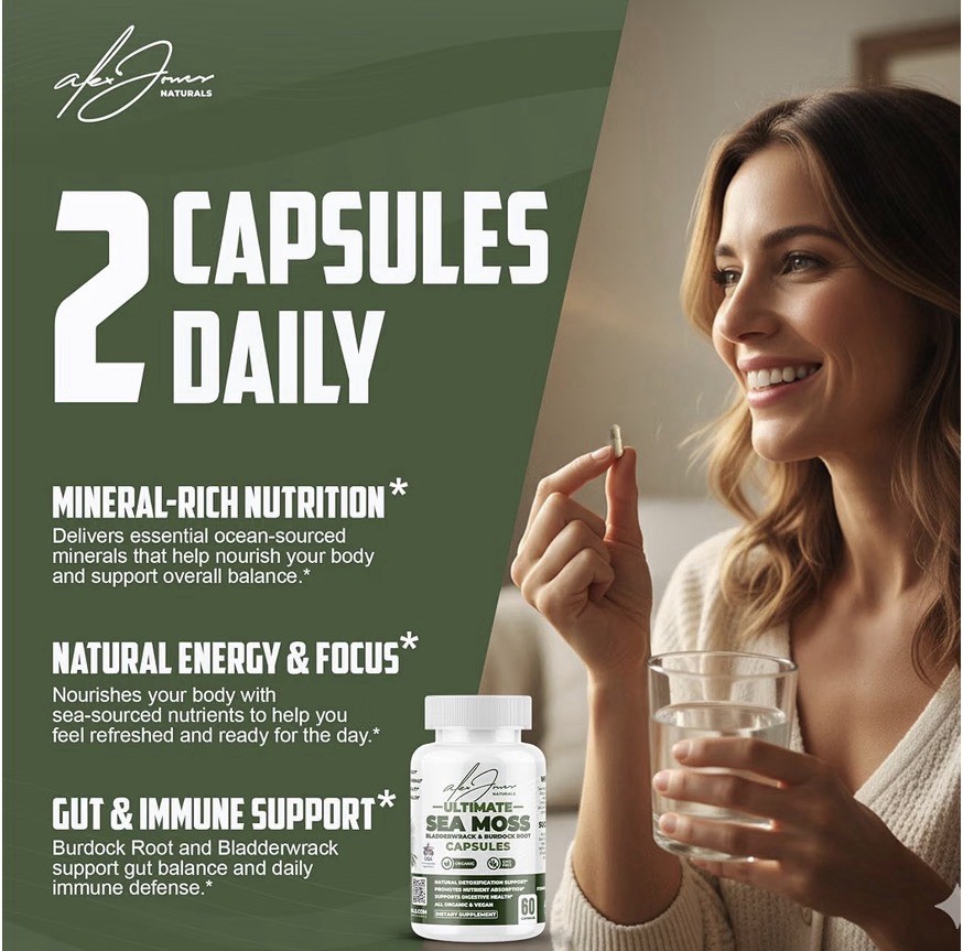 Alex Jones Naturals Sea Moss Capsules 60 Organic Vegan GMO Free Bladderwrack