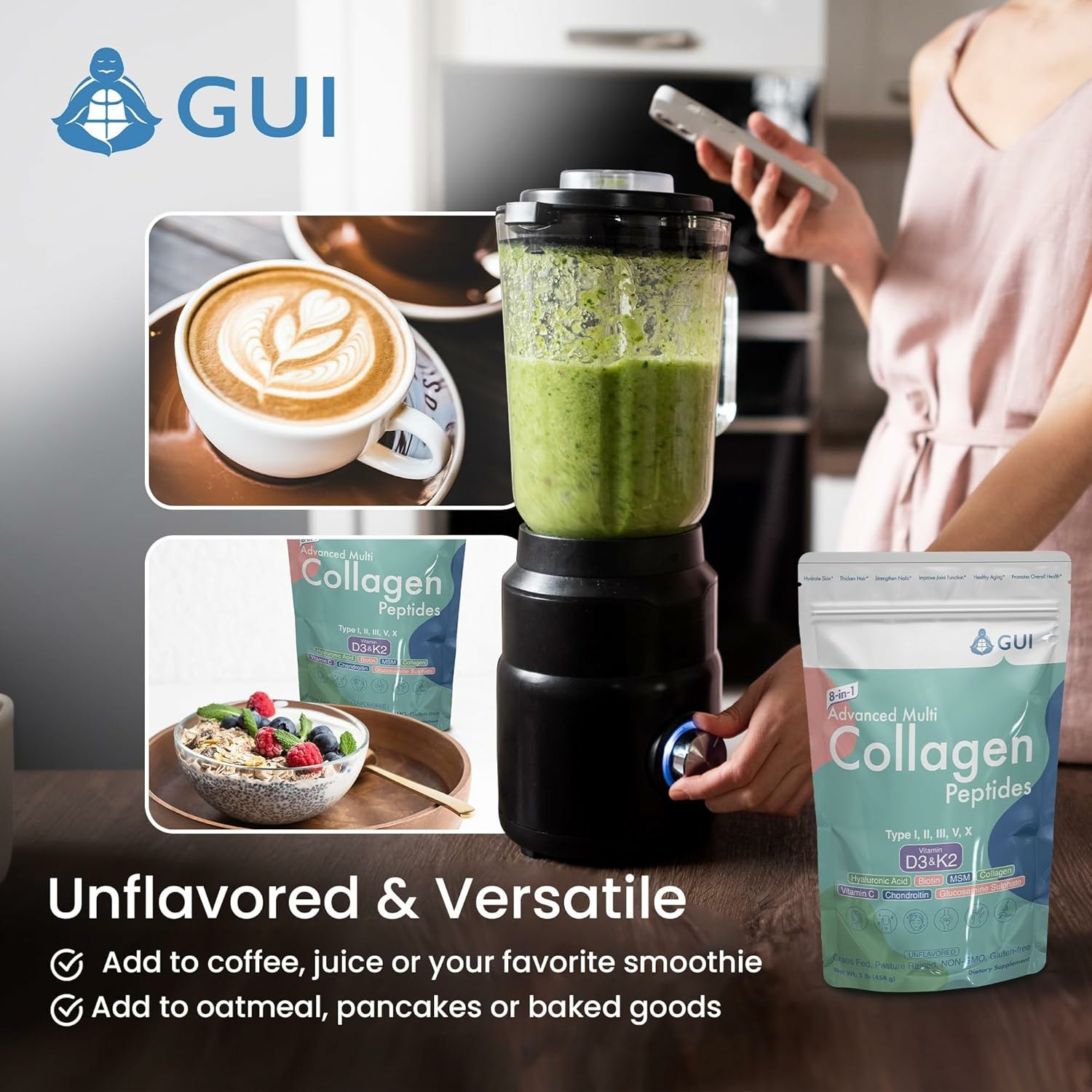 GUI Multi Collagen Peptides Powder Unflavored 1 lb D3 K2 Biotin Exp 07/2027
