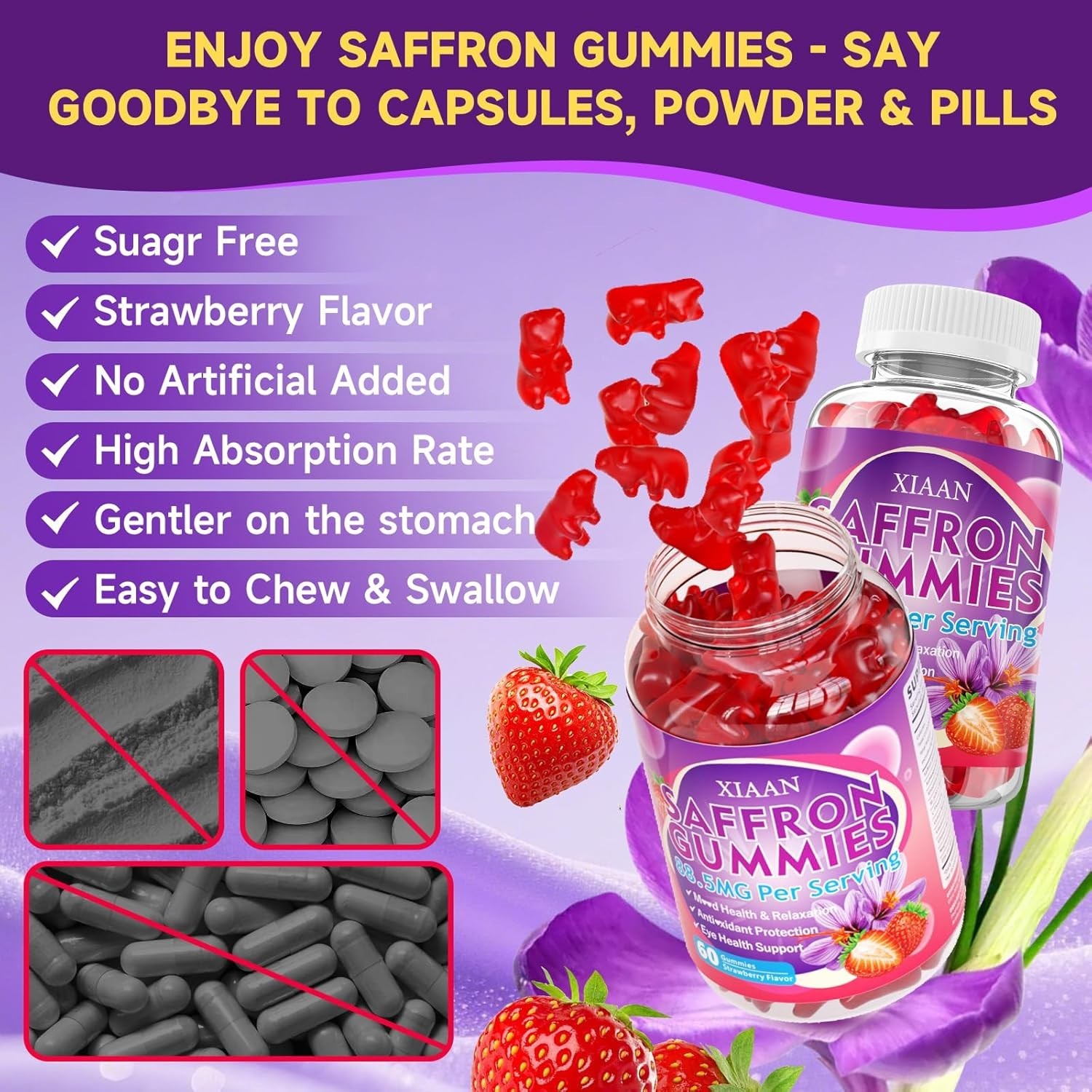 XIAAN Saffron Gummies 88.5mg – 10-in-1 Calm & Focus – Sugar Free Strawberry 60ct