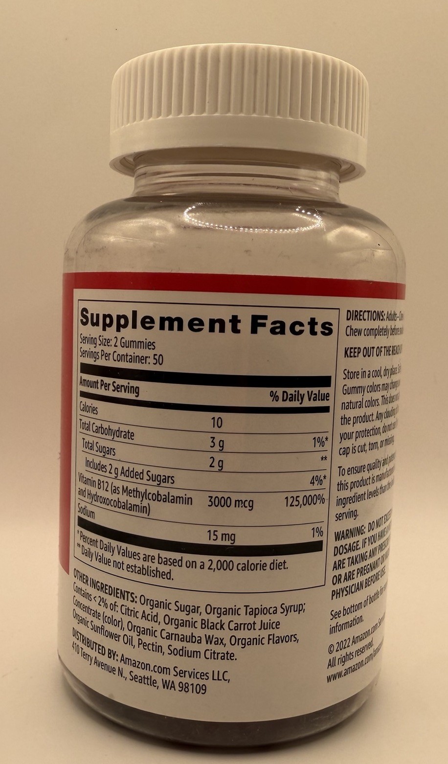 Amazon Basics Vitamin B12 3000 mcg Vegan Gluten-Free Raspberry Gummies 100 ct
