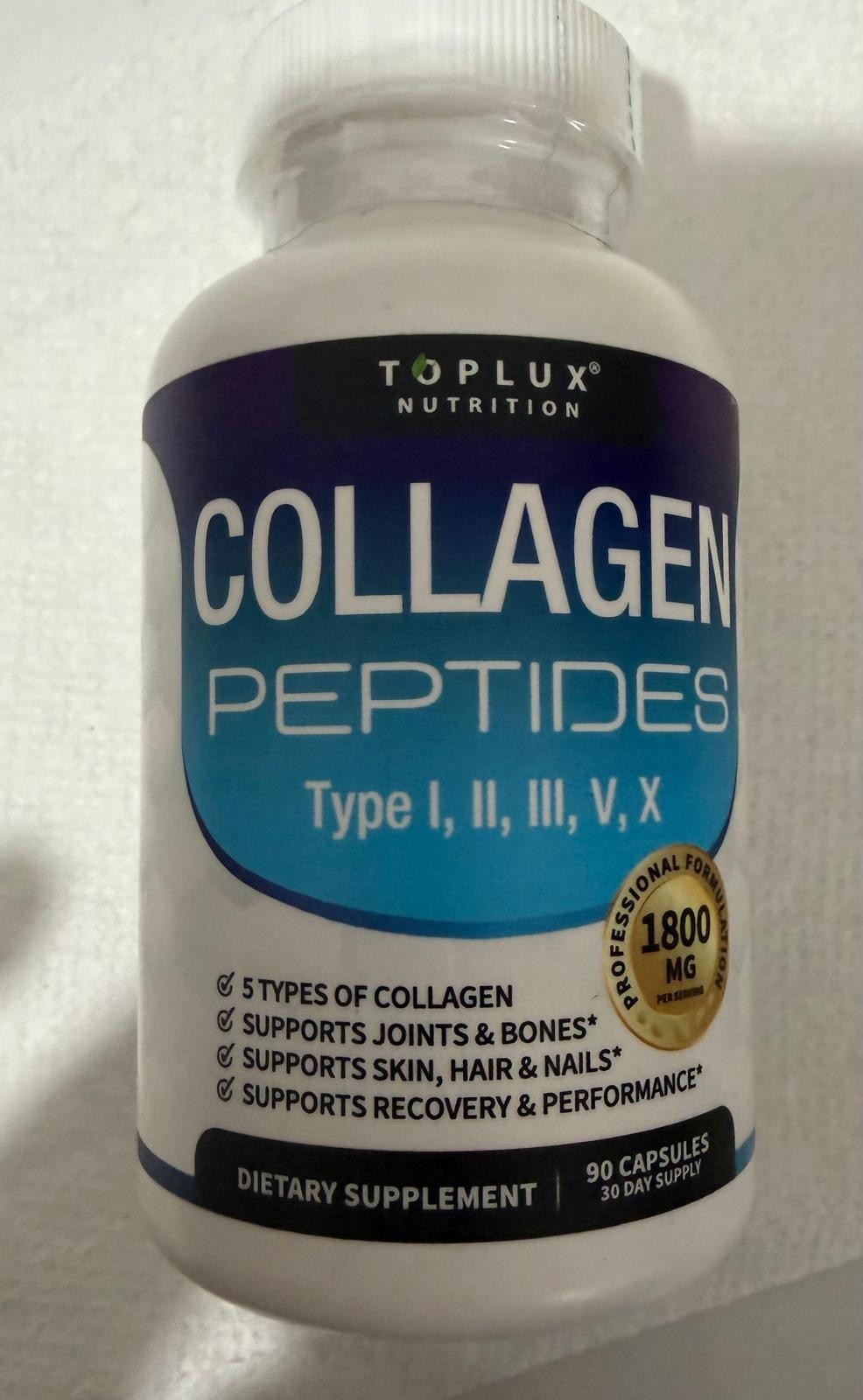 Toplux Nutrition Collagen Peptides 1800mg 90 Caps Non-GMO Exp 12/2028