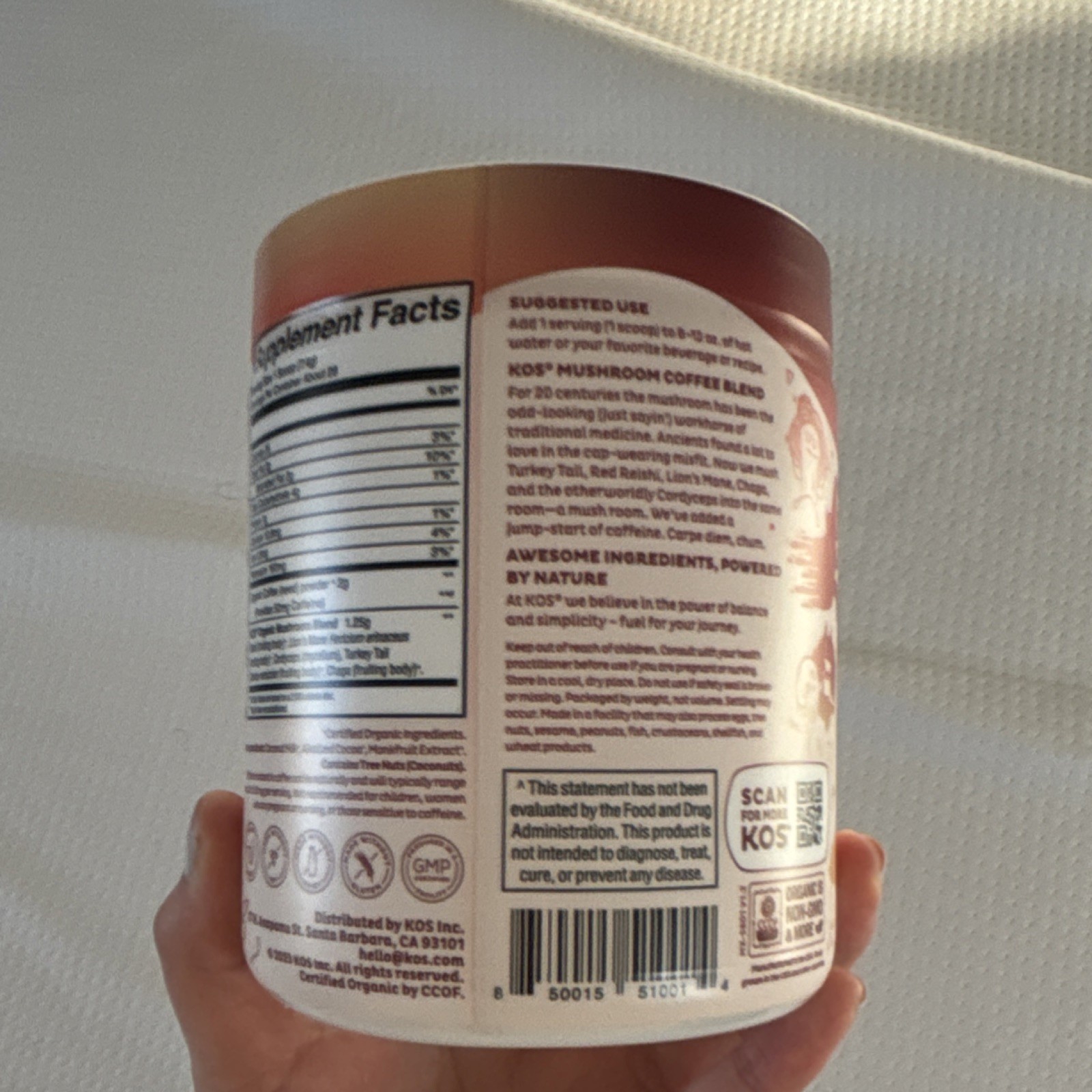 KOS Mushroom Coffee Dark Chocolate Mocha Powder 7.3oz Certified Organic