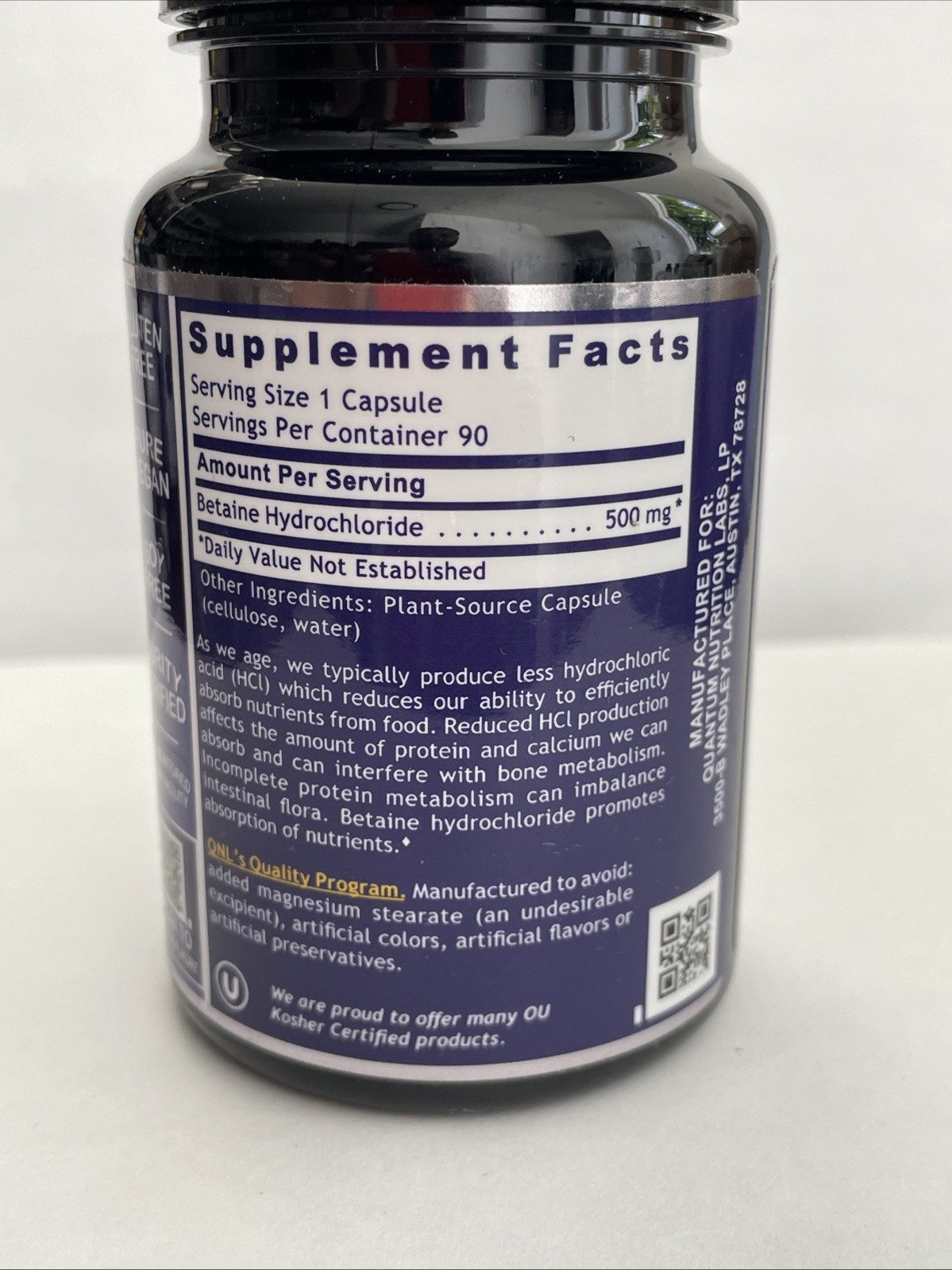 Quantum HCL Digestive Support 90 Plant Source Capsules Bottle Exp Feb 2028 New