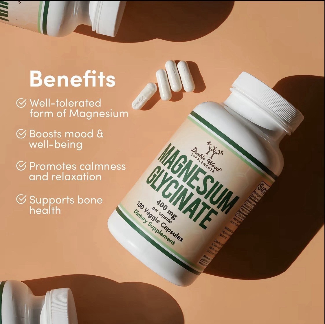 Double Wood Magnesium Glycinate 400mg 180 Veggie Capsules Bone Health