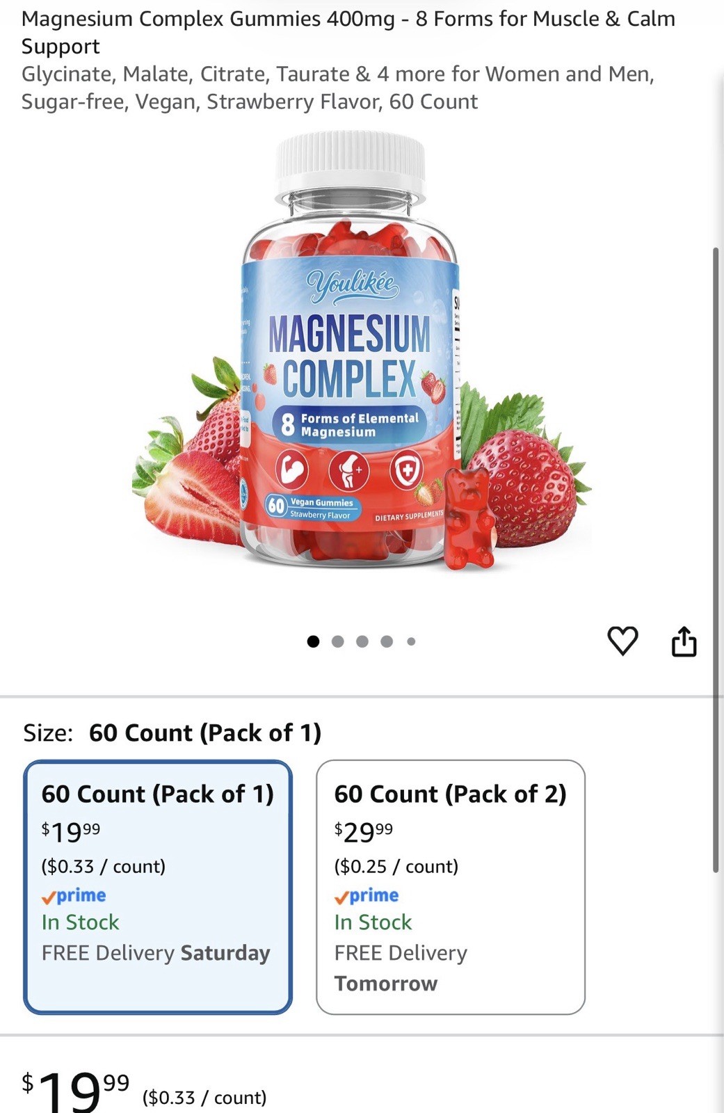Youlikee Magnesium Complex 400mg Gummies Strawberry 60ct Vegan Sugar-Free