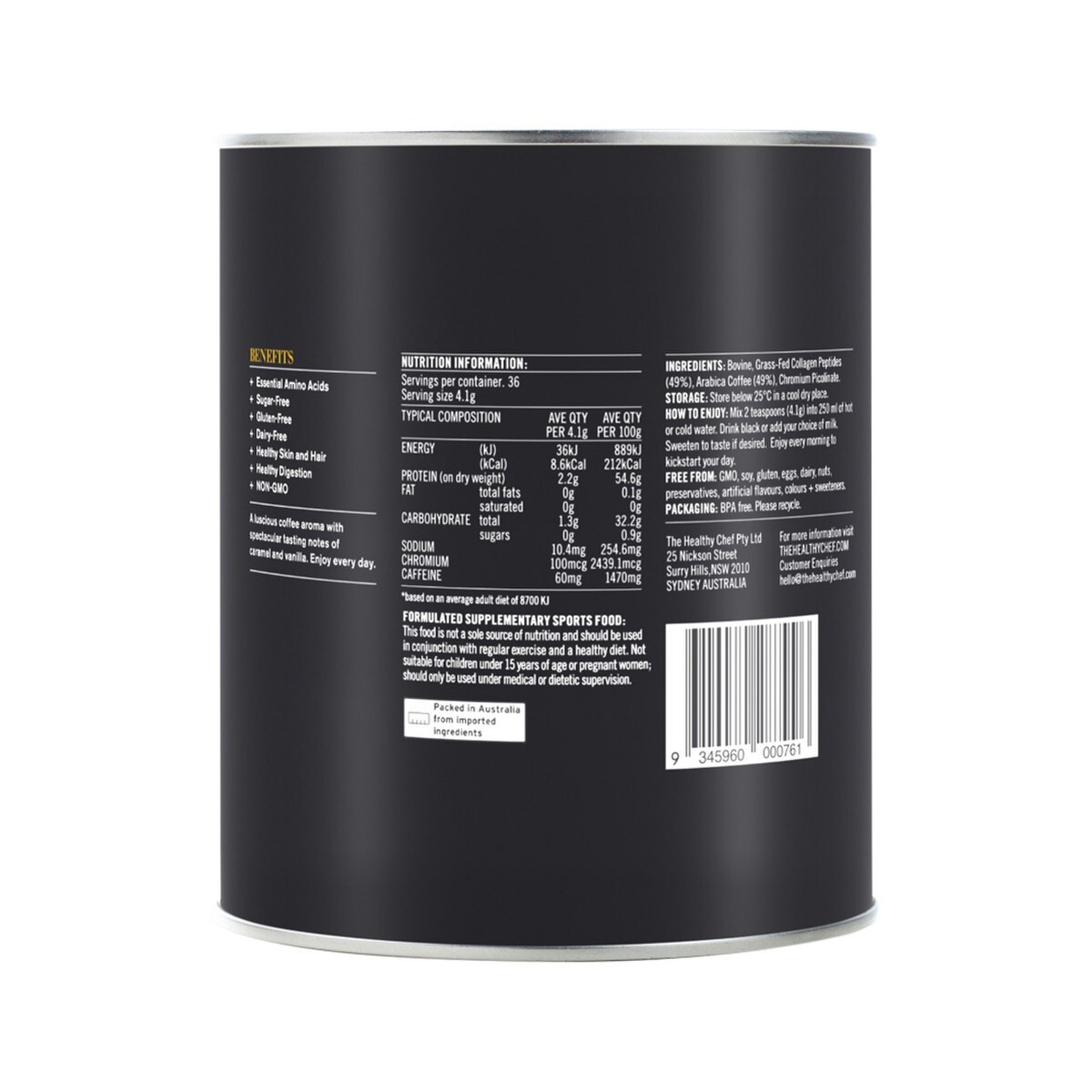 New The Healthy Chef Collagen Coffee Collagen + Arabica Coffee Unsweetened 150g
