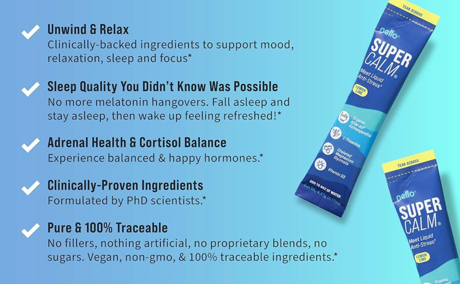 Nello SuperCalm Calming Drink Mix Relaxation & Focus Lemon Lime 20 Packets