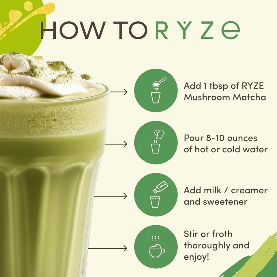 Ryze Organic Mushroom Matcha – 3-Pack, 30 Servings Each