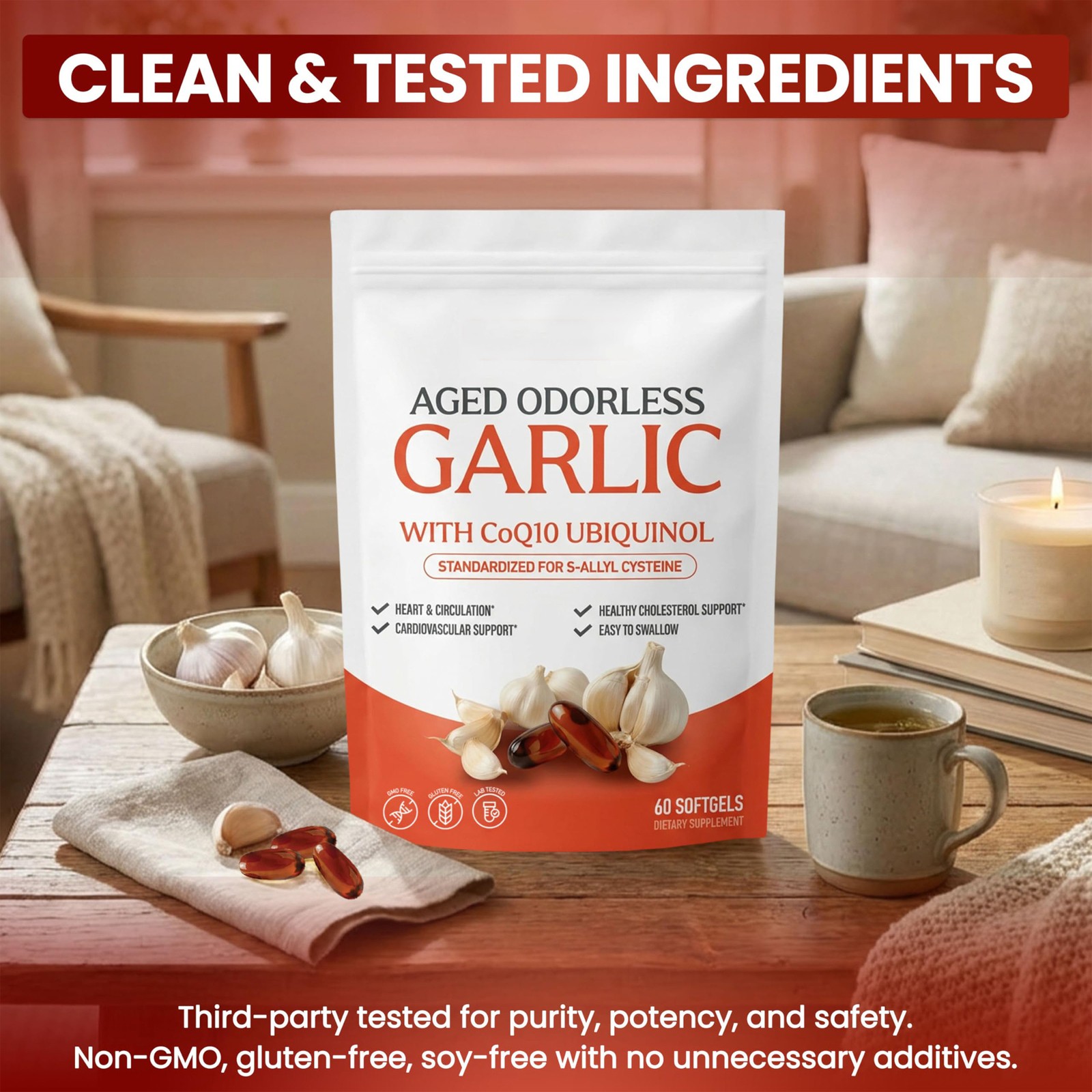 Resilia Garlic Extract 600mg Softgels (60 Count) – Odorless Aged Garlic Extra 82