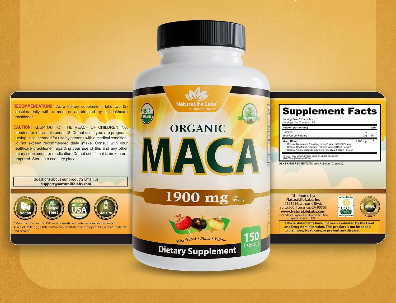 NaturaLife Labs Organic Maca Root – Black, Red & Yellow – 1900 mg per Serving –