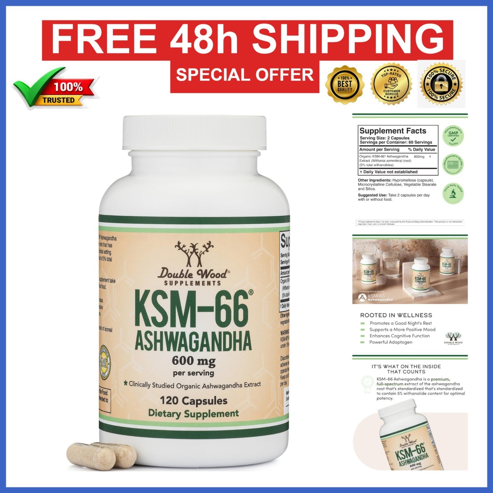 Double Wood Ashwagandha KSM-66 Extract 600mg 120 Capsules Adaptogen