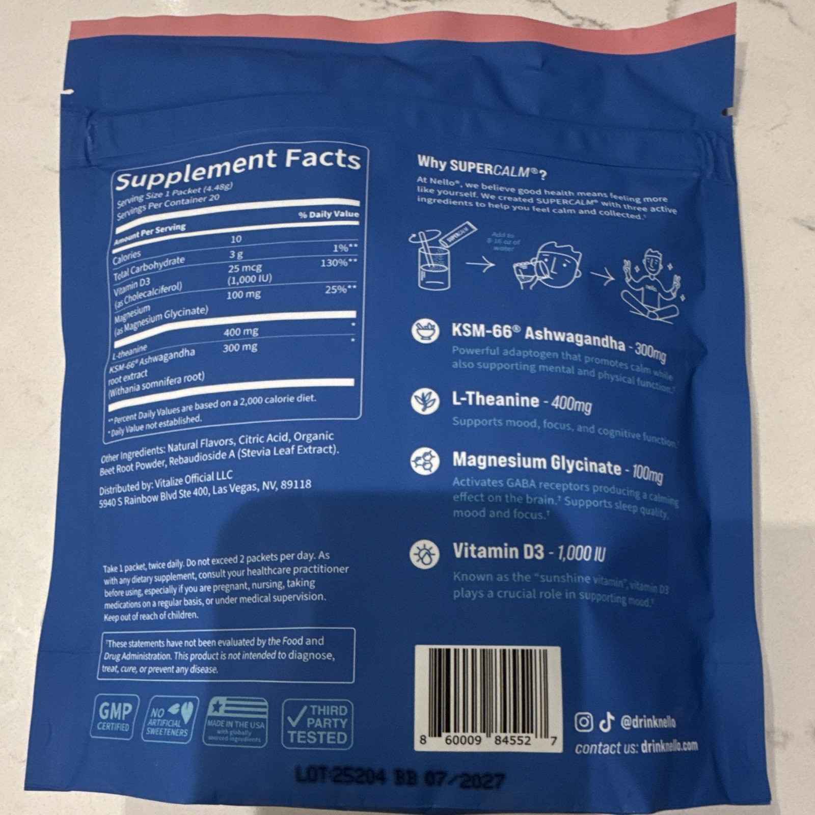 nello SUPER CALM Powder Dietary Supplement Raspberry Lemonade 20 Packets 07/2027