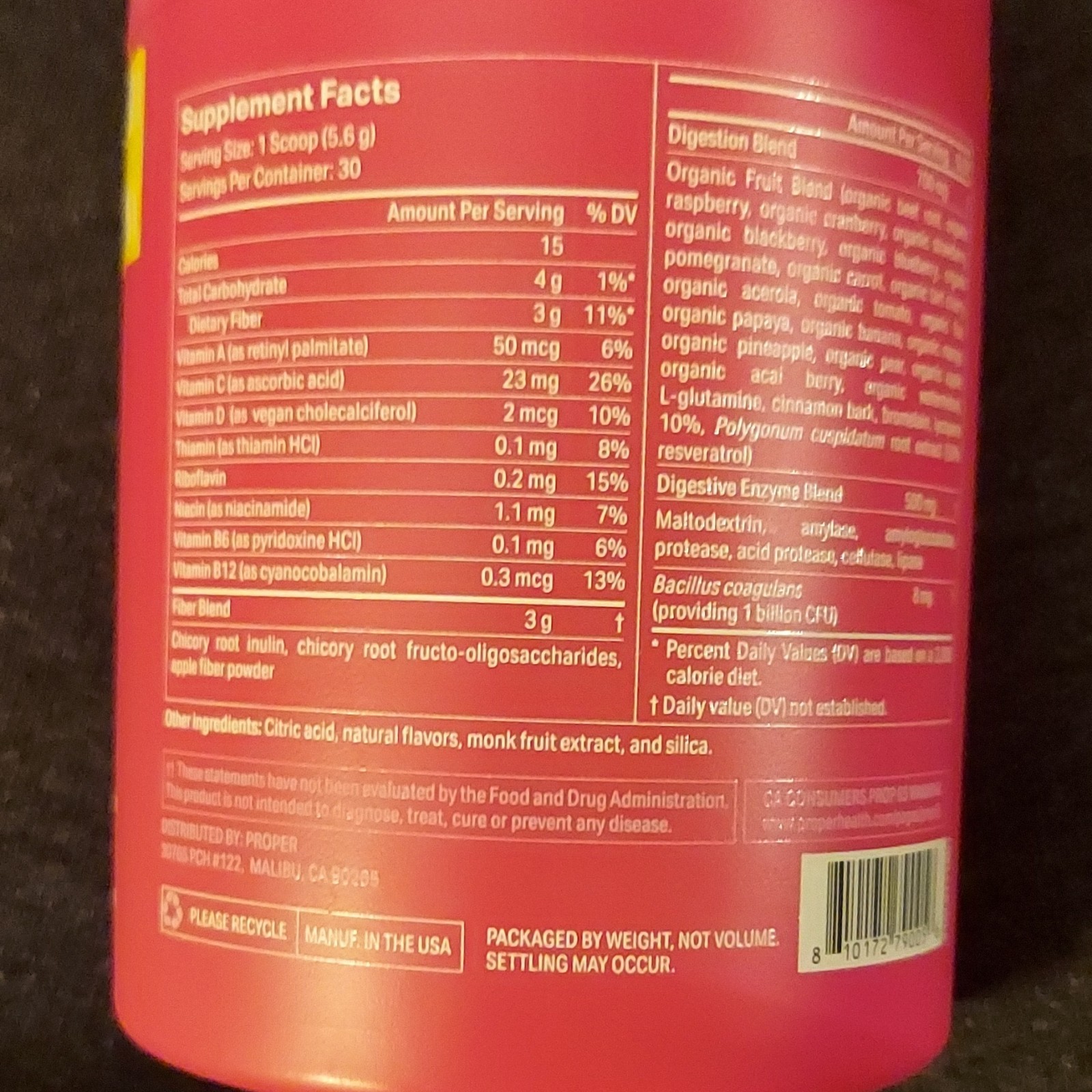 Proper Digestive Support Superfood Powder Strawberry Pomegranate 8oz