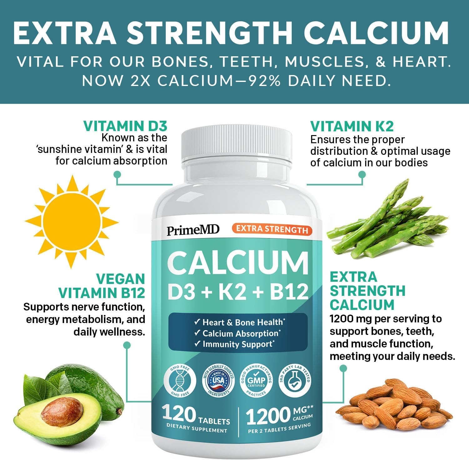 4-in-1 Calcium 1200 mg with Vitamin D3 K2 – Extra Strength Calcium Supplements f