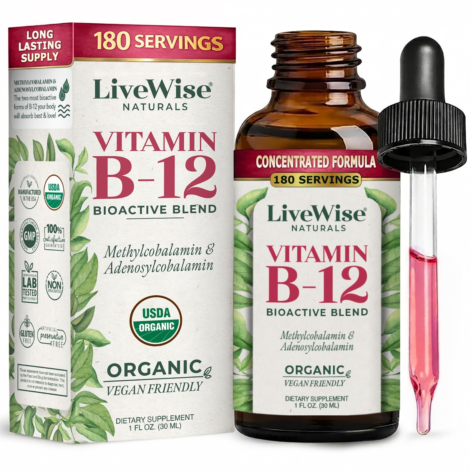 Organic Vitamin B12 1000 mcg Sublingual Liquid Drops For 1 Fl Oz (Pack of 1)