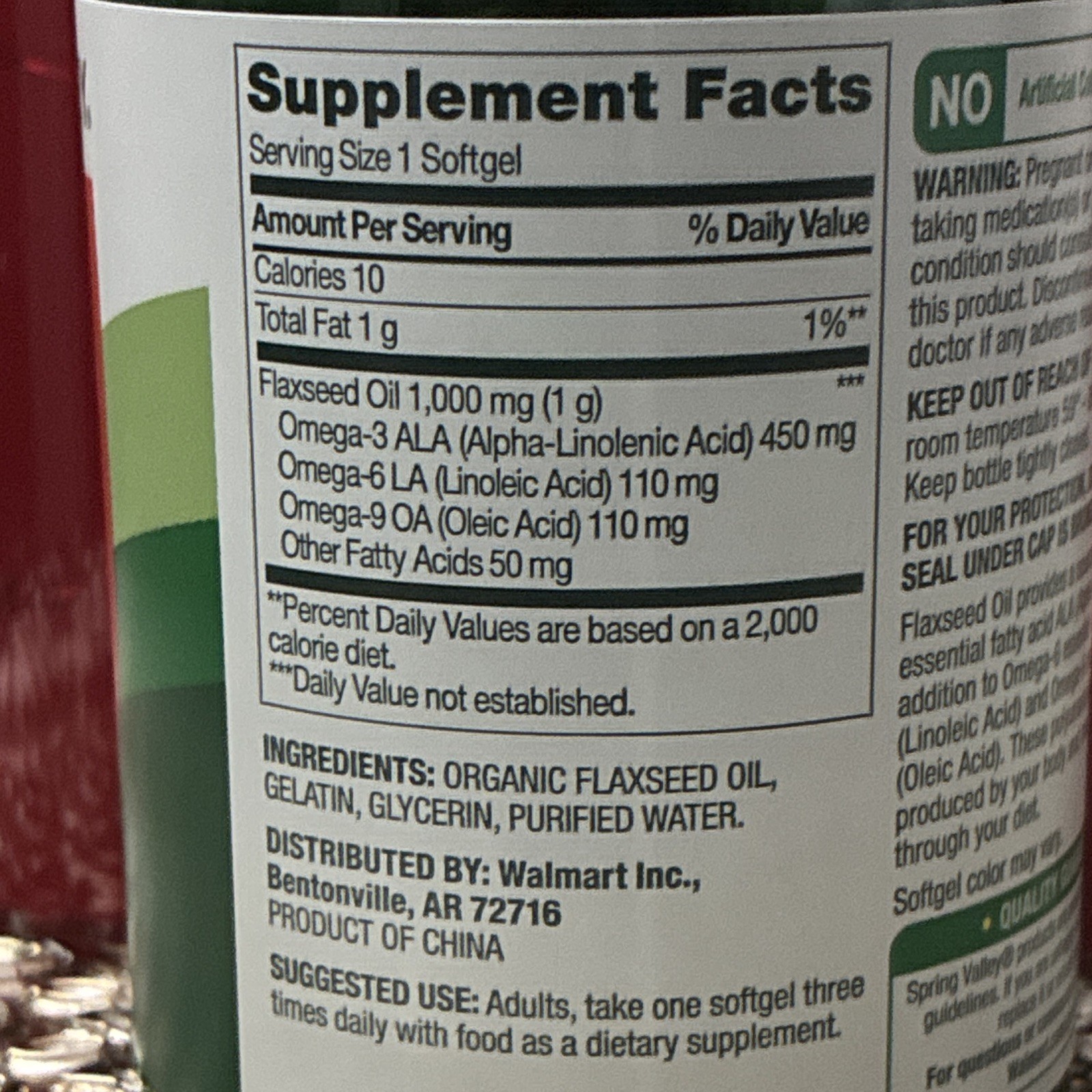 Spring Valley Flaxseed Oil 1000mg Heart Health 100 Softgels Hexane-Free