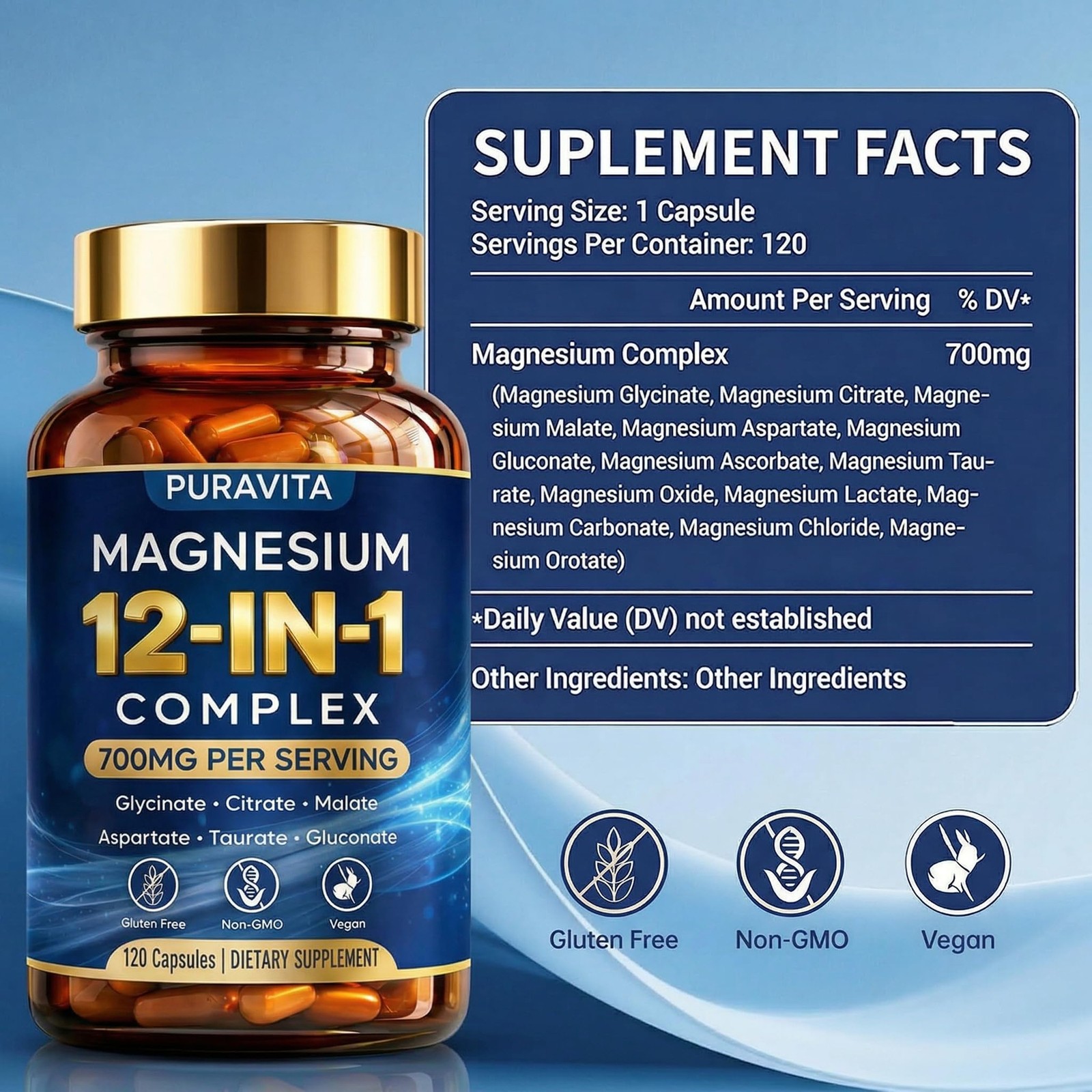 Puravita Magnesium Complex, Puravita 12 in 1 Magnesium Supplement 700mg with Gly