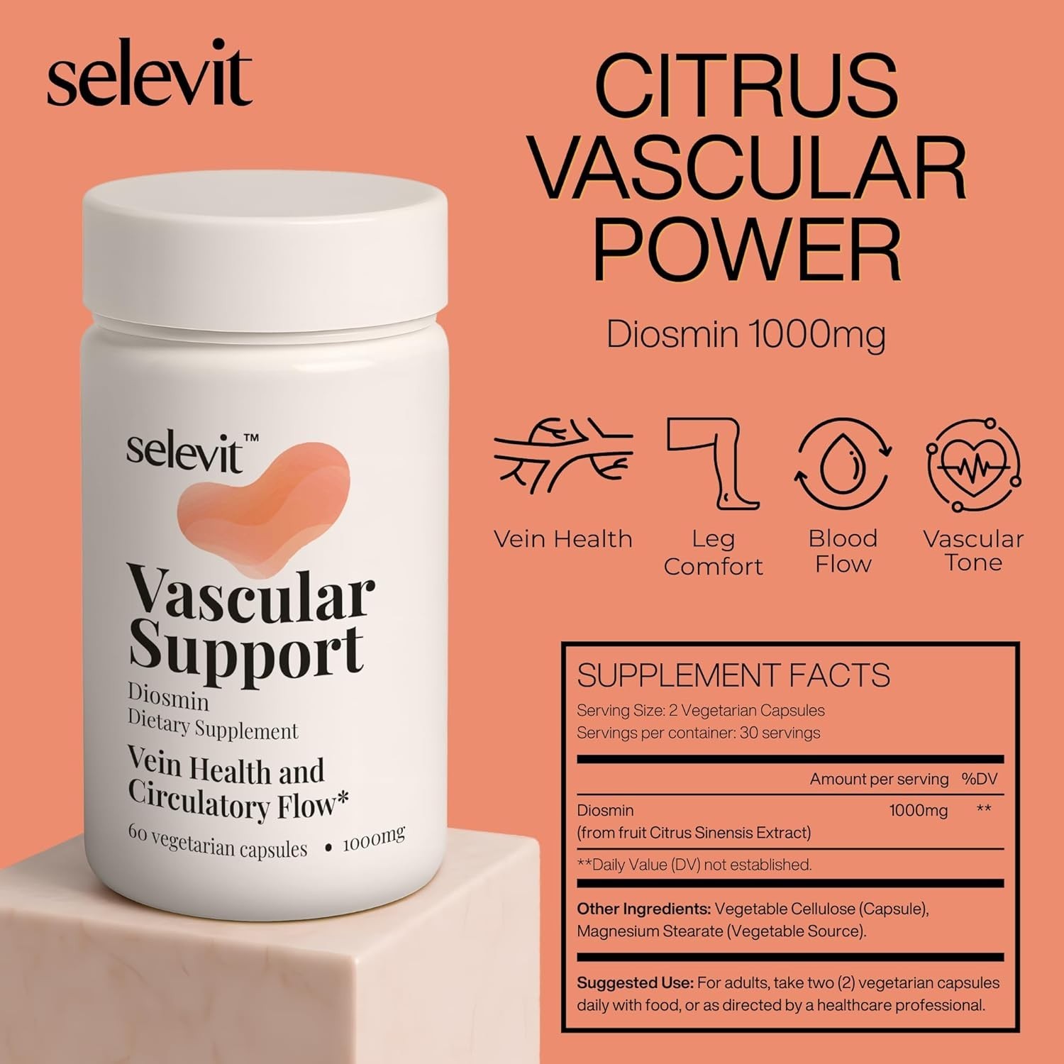 Selevit Vascular Support (Diosmin) 1000mg ~ Derived from Citrus Sinensis