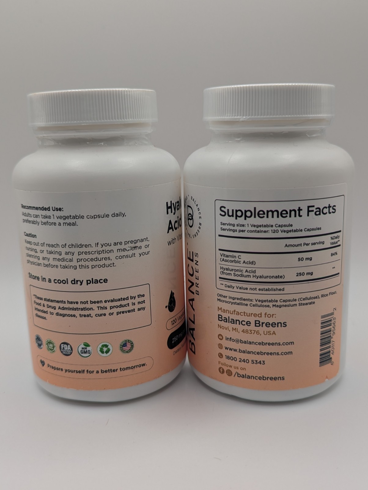 2x Balance Breens Hyaluronic Acid 250mg + Vitamin C 120 Capsules/Each 04/2028