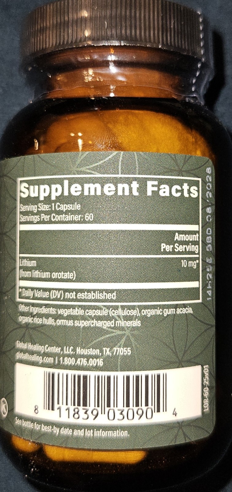 Global Healing Lithium Orotate 10mg Non-GMO Gluten Free Vegan Friendly 60 Caps